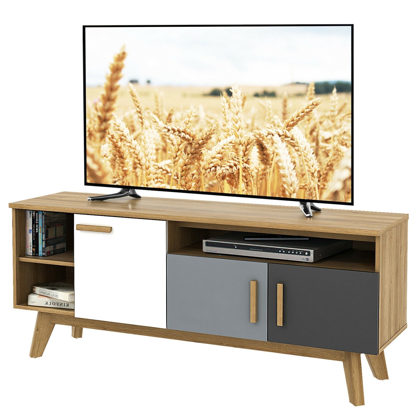 Spacious 65 Inch Media Console with Triple Cabinets and Open Shelving for Living Room Storage