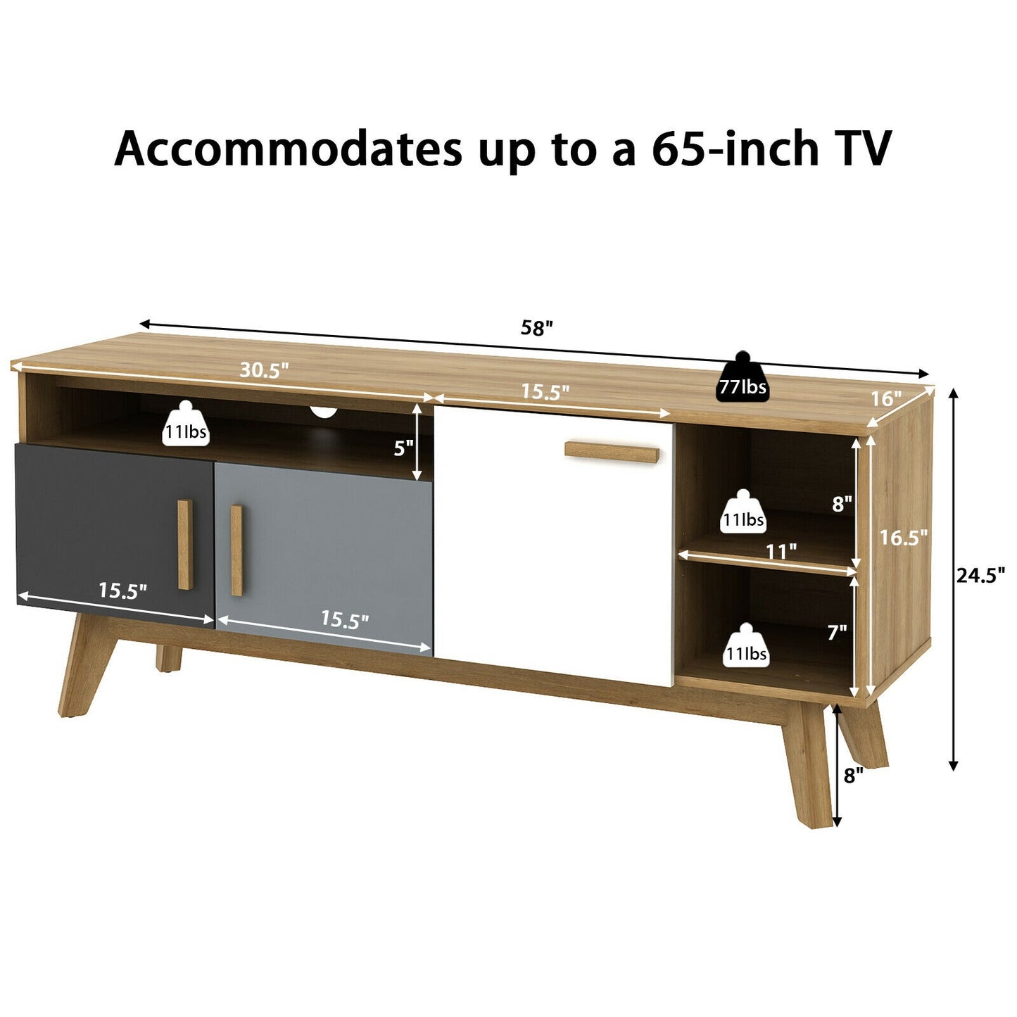 Spacious 65 Inch Media Console with Triple Cabinets and Open Shelving for Living Room Storage