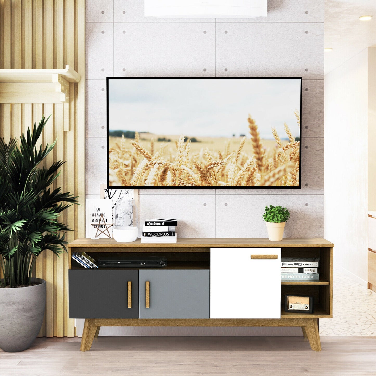 Spacious 65 Inch Media Console with Triple Cabinets and Open Shelving for Living Room Storage