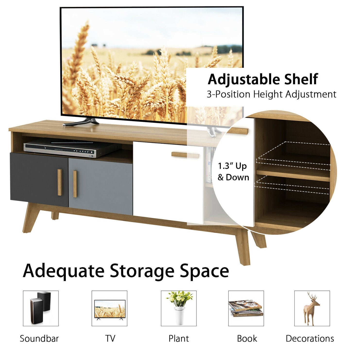 Spacious 65 Inch Media Console with Triple Cabinets and Open Shelving for Living Room Storage