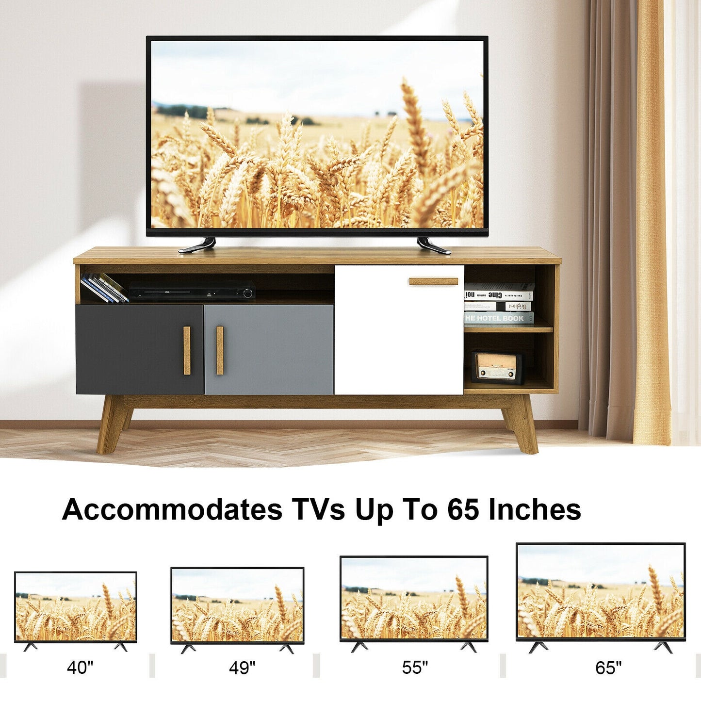 Spacious 65 Inch Media Console with Triple Cabinets and Open Shelving for Living Room Storage
