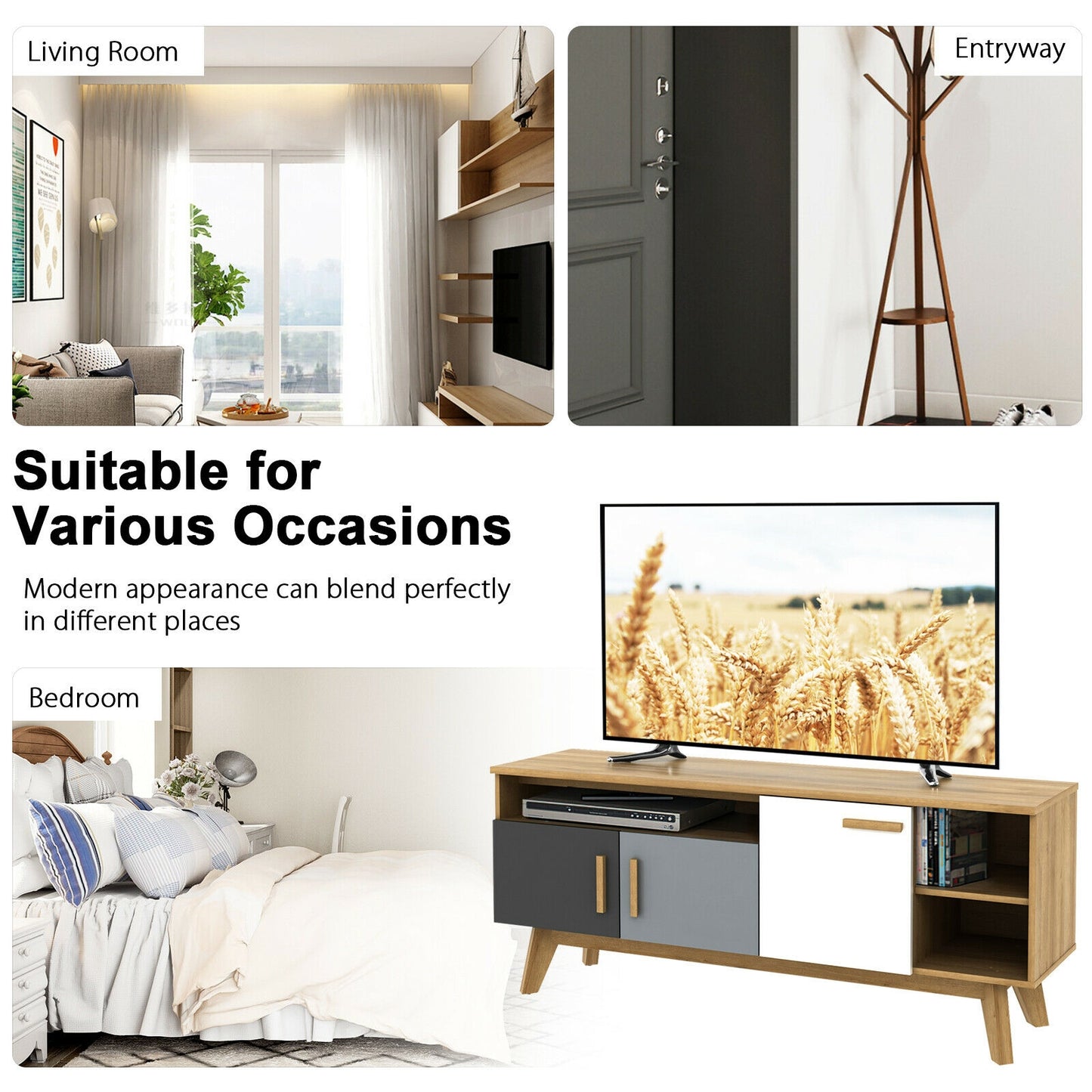 Spacious 65 Inch Media Console with Triple Cabinets and Open Shelving for Living Room Storage