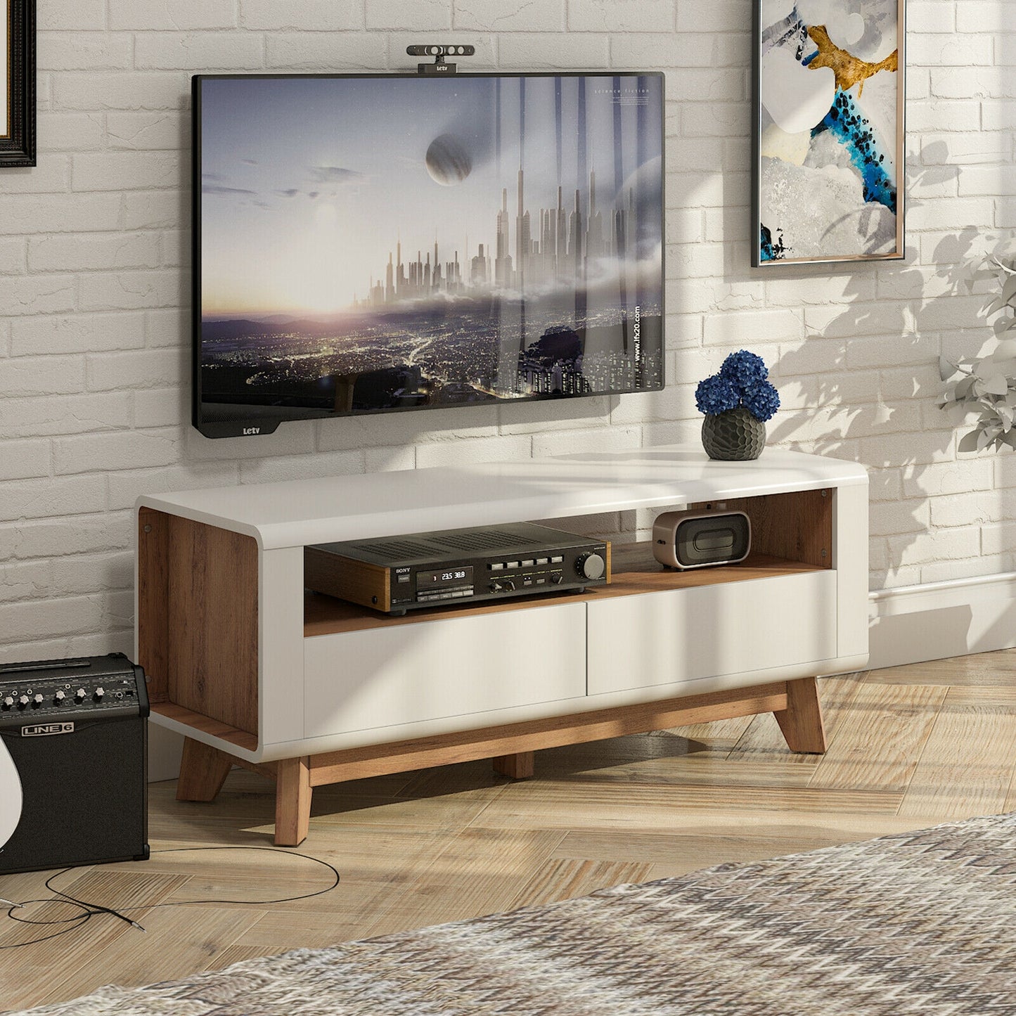 Contemporary Entertainment Console with Open Display and Dual Drawers for 50 Inch TVs
