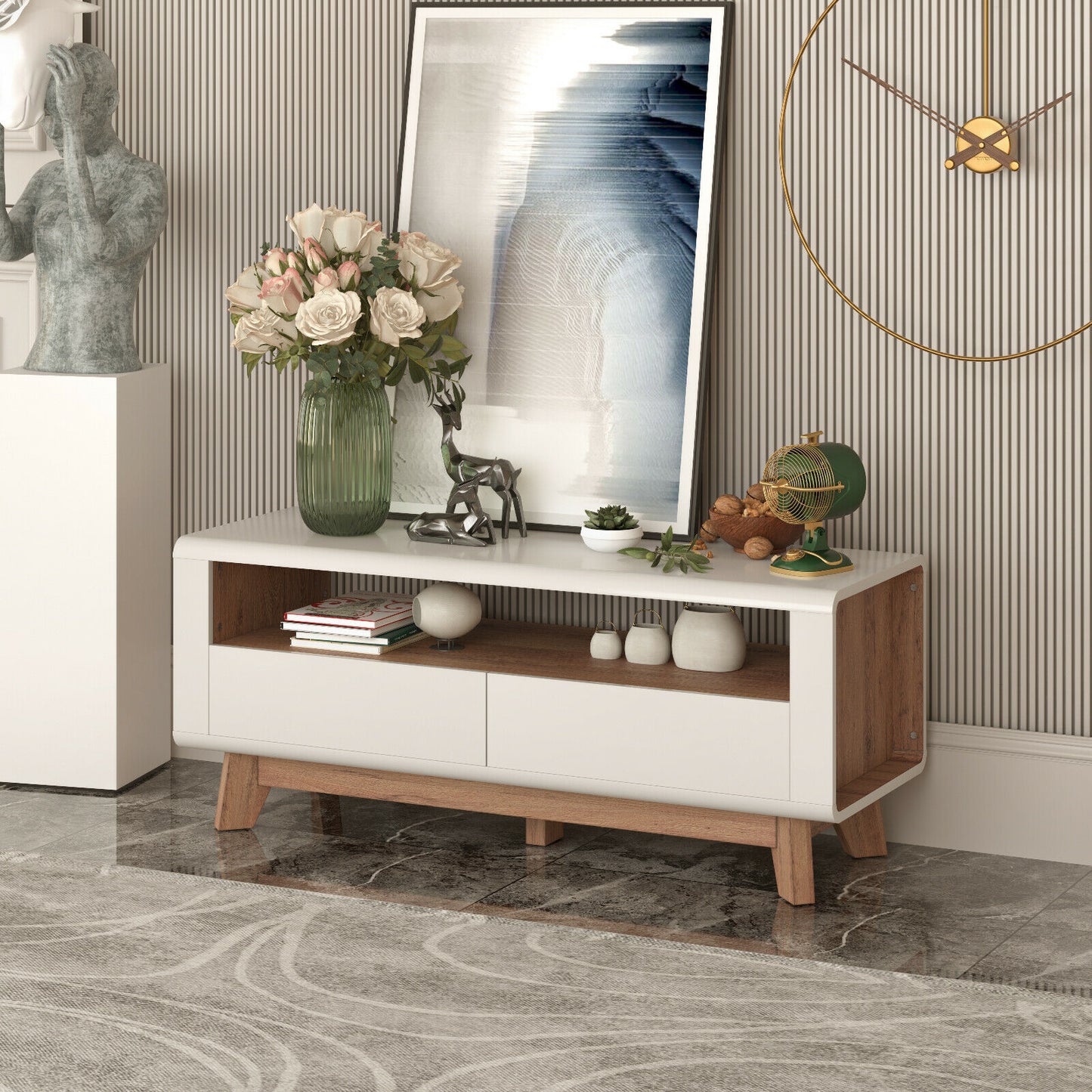 Contemporary Entertainment Console with Open Display and Dual Drawers for 50 Inch TVs