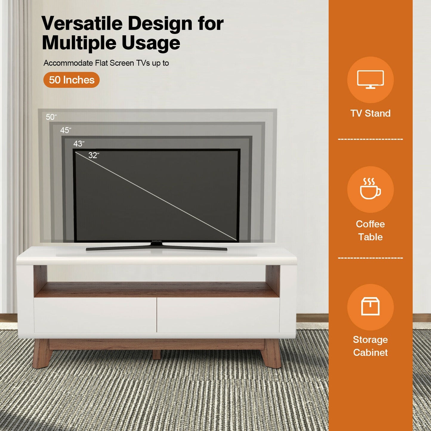 Contemporary Entertainment Console with Open Display and Dual Drawers for 50 Inch TVs
