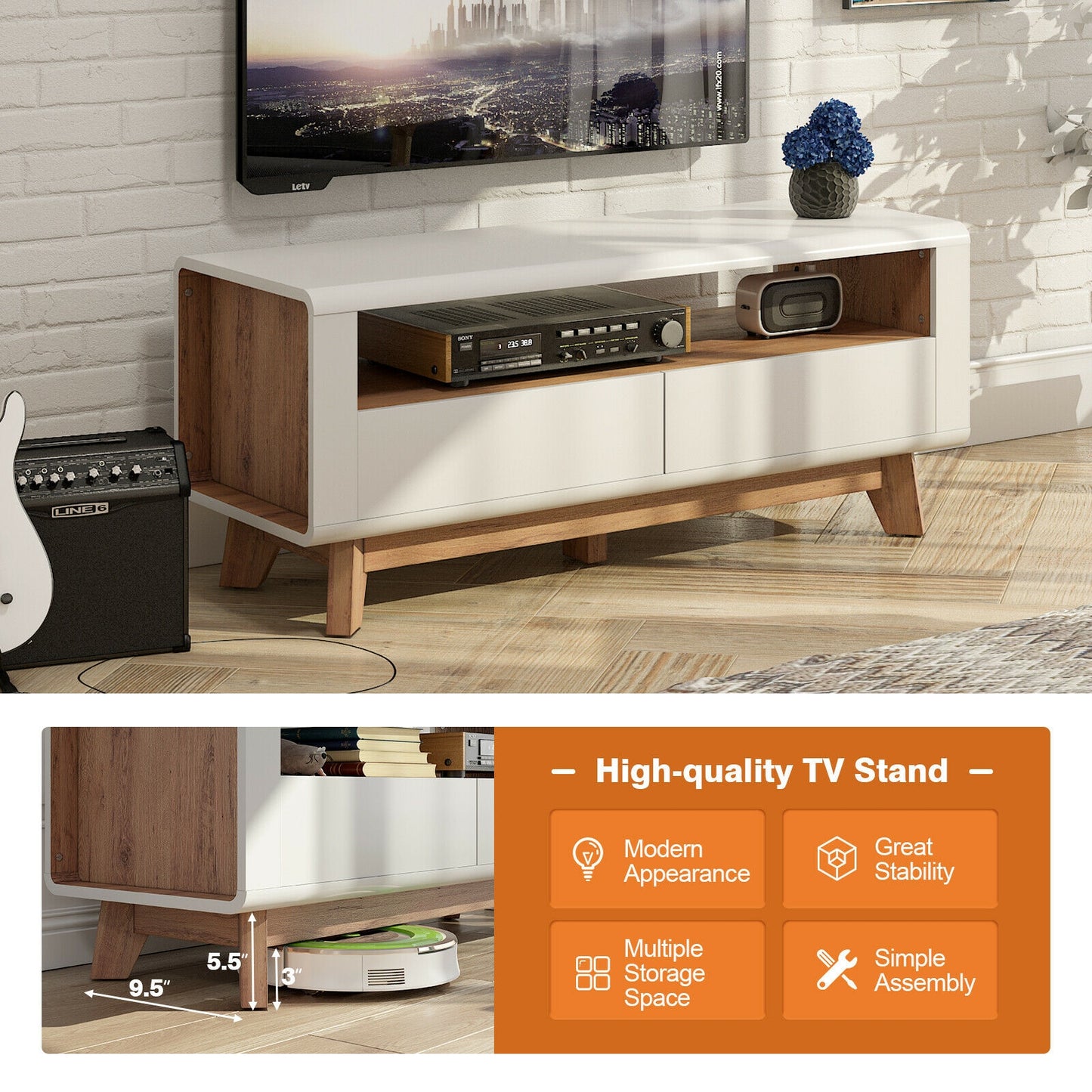 Contemporary Entertainment Console with Open Display and Dual Drawers for 50 Inch TVs