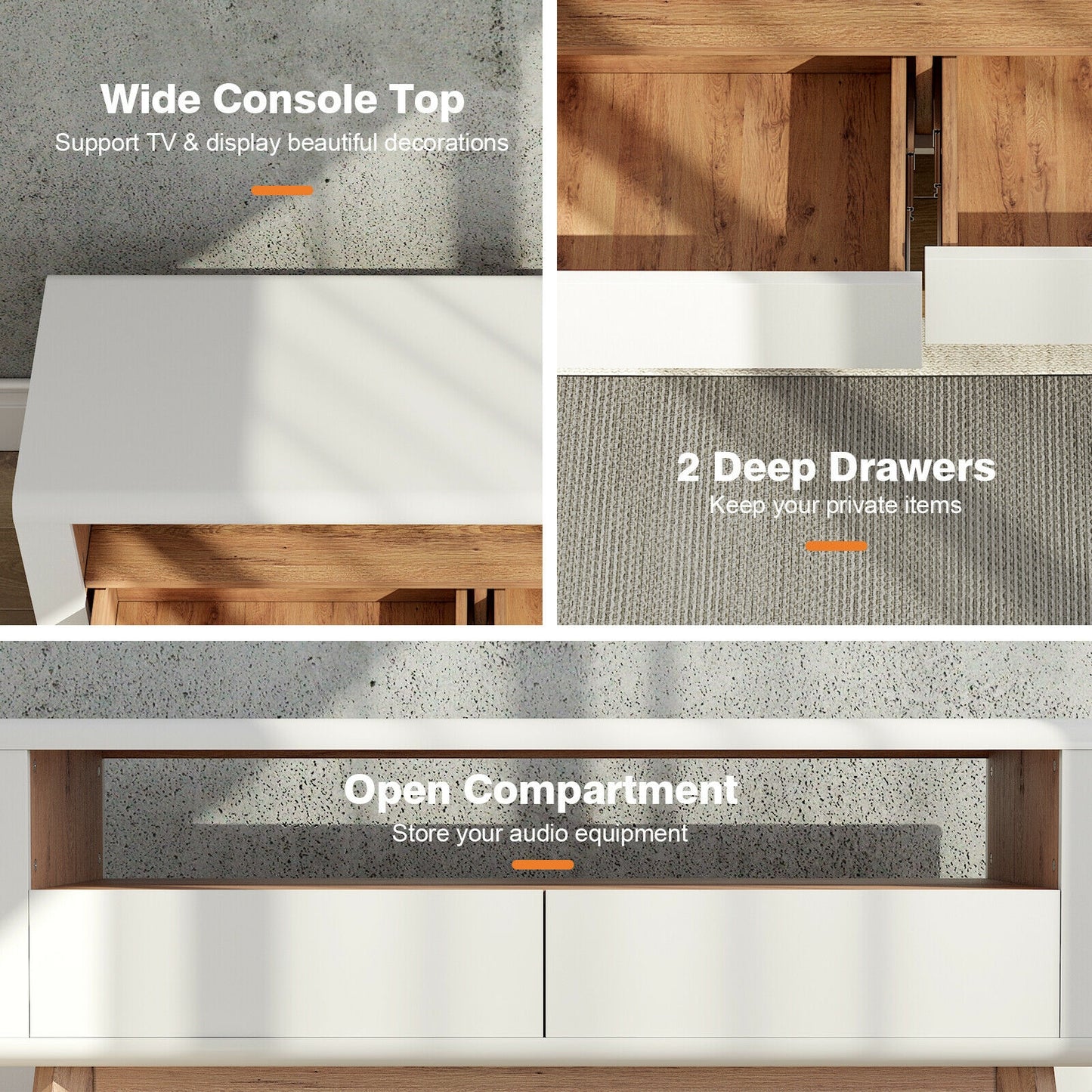Contemporary Entertainment Console with Open Display and Dual Drawers for 50 Inch TVs