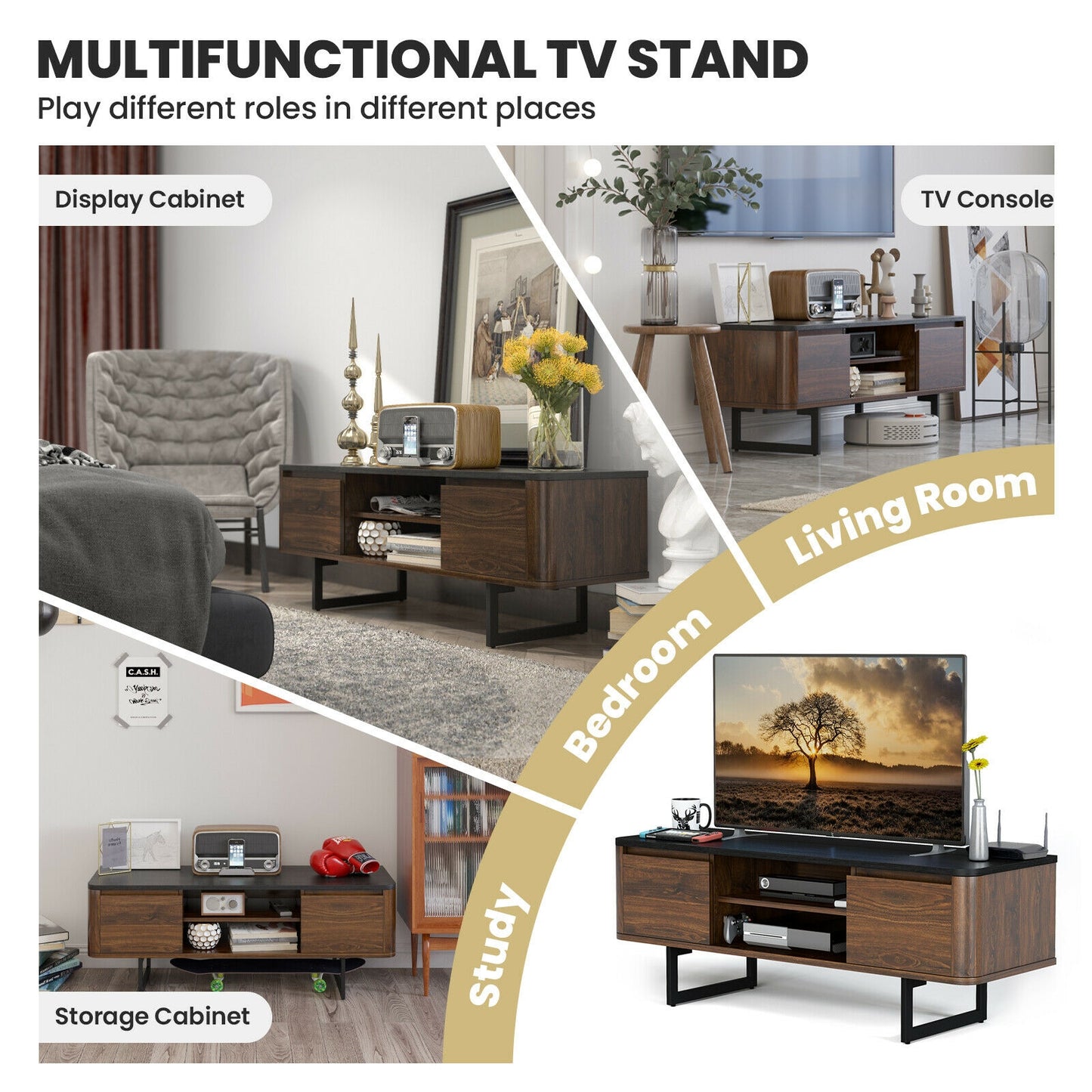 Mid-Century Wooden TV Console with Cabinets for TVs up to 55 Inch