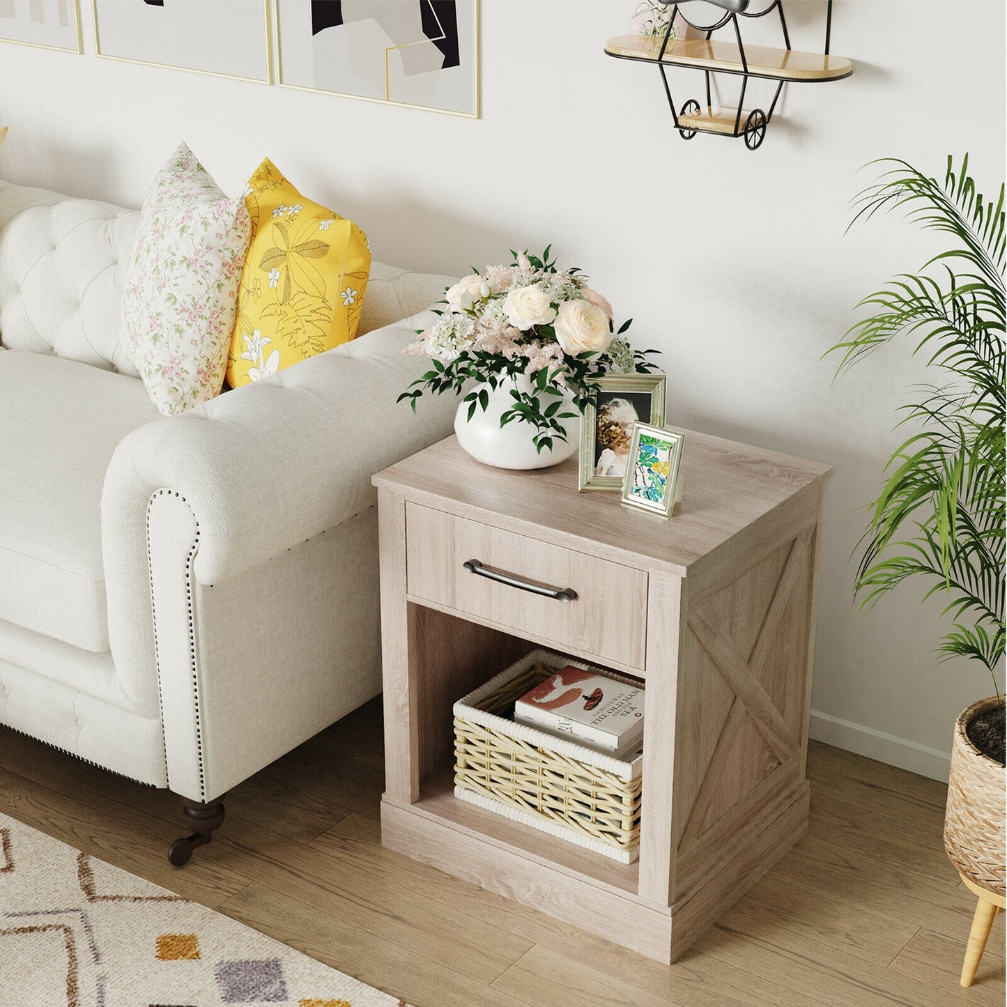 Rustic Wooden Nightstand with Drawer and Open Shelf for Bedroom or Living Room - Natural