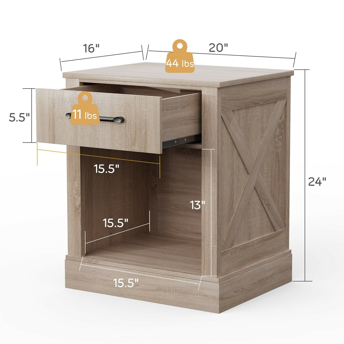 Rustic Wooden Nightstand with Drawer and Open Shelf for Bedroom or Living Room - Natural