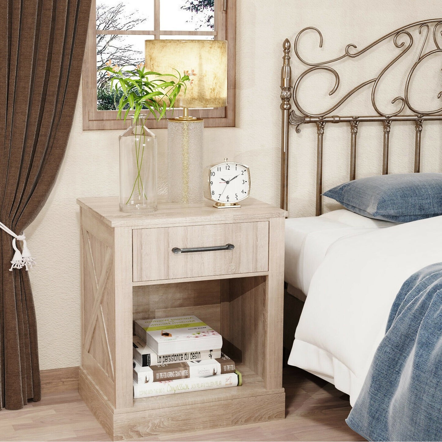 Rustic Wooden Nightstand with Drawer and Open Shelf for Bedroom or Living Room - Natural