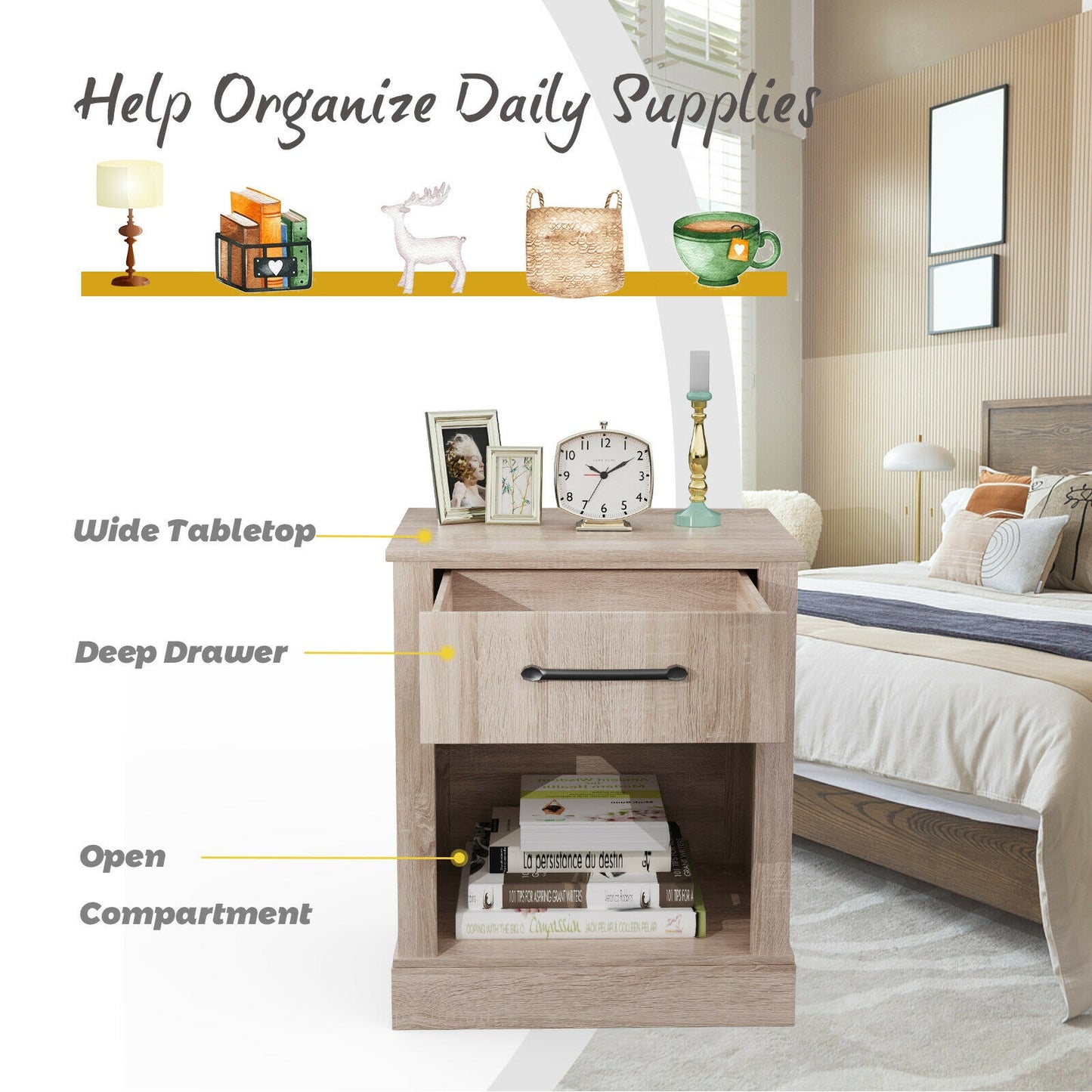 Rustic Wooden Nightstand with Drawer and Open Shelf for Bedroom or Living Room - Natural