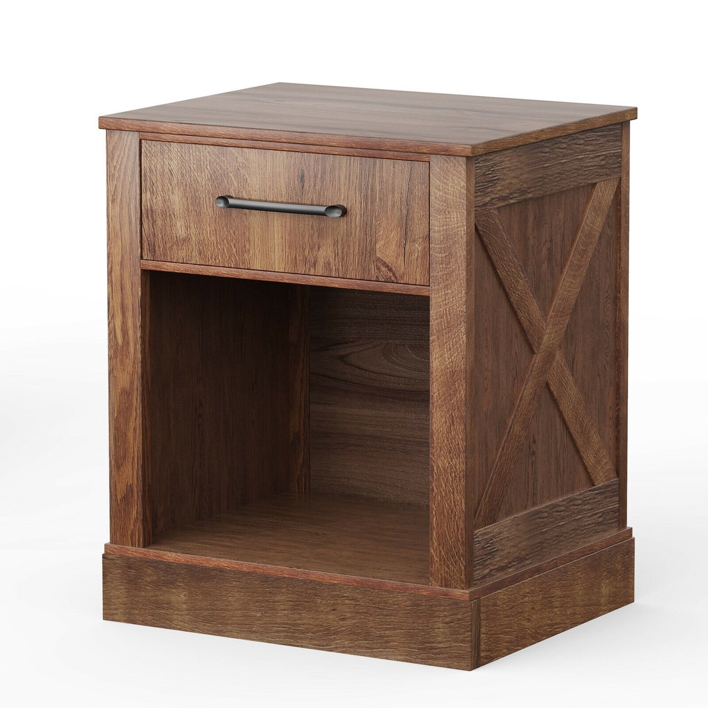 Rustic Wooden Nightstand with Drawer and Open Shelf for Bedroom or Living Room - Brown