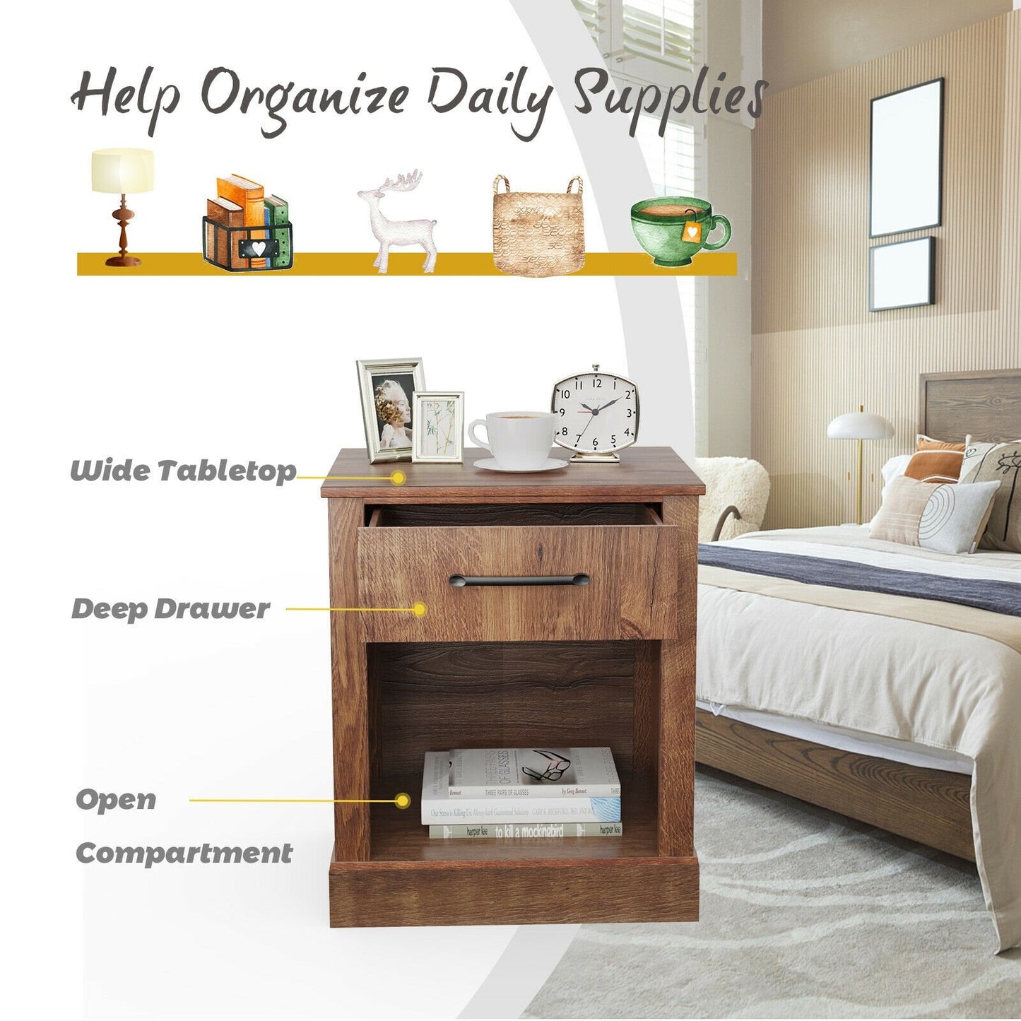 Rustic Wooden Nightstand with Drawer and Open Shelf for Bedroom or Living Room - Brown