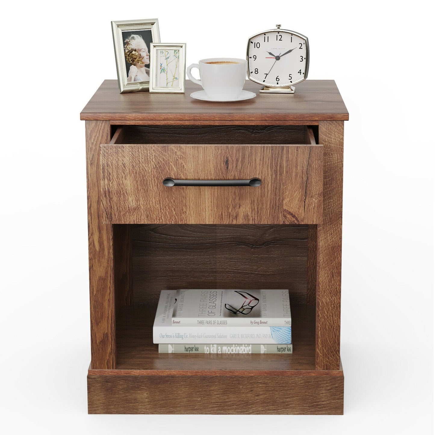 Rustic Wooden Nightstand with Drawer and Open Shelf for Bedroom or Living Room - Brown
