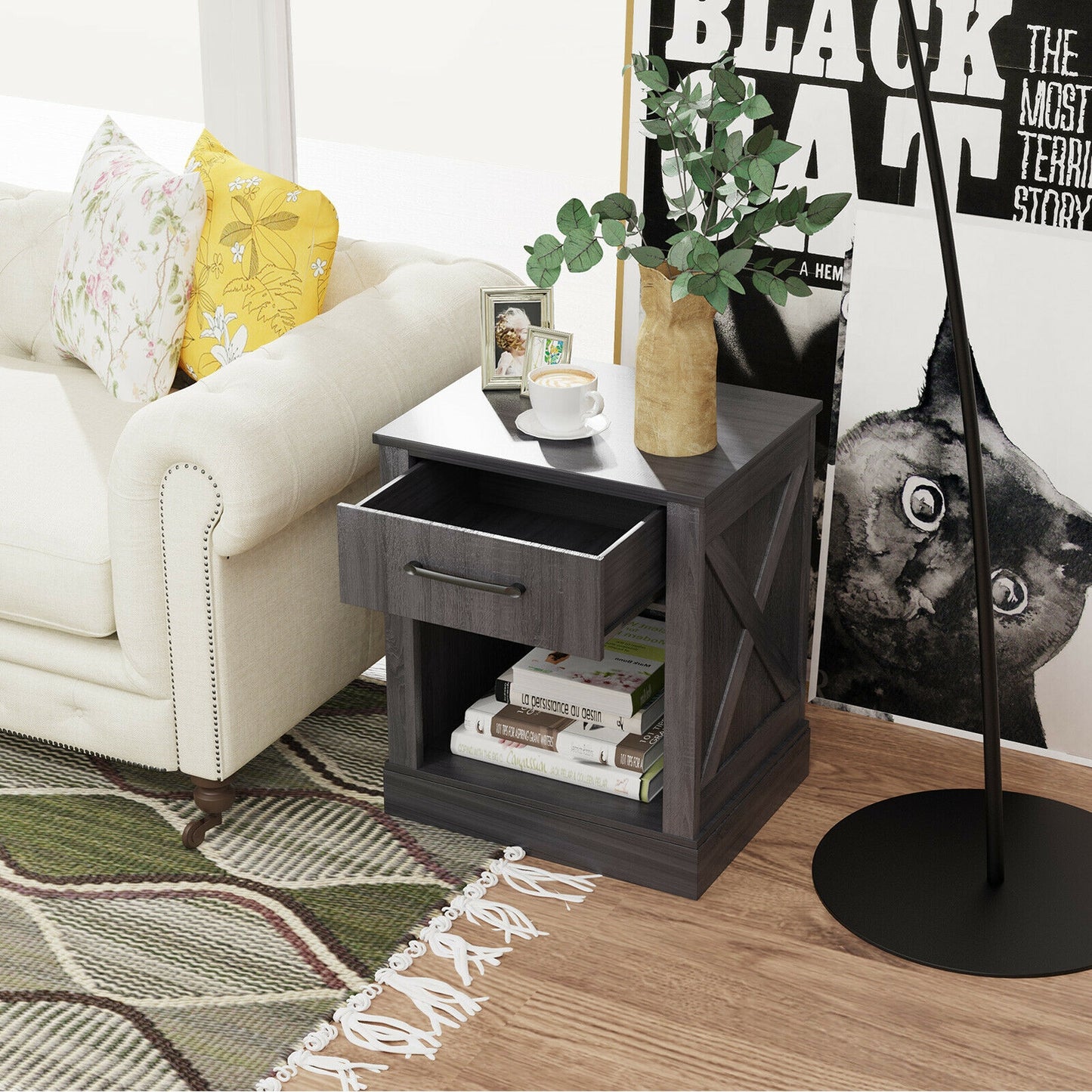 Rustic Wooden Nightstand with Drawer and Open Shelf for Bedroom or Living Room - Black