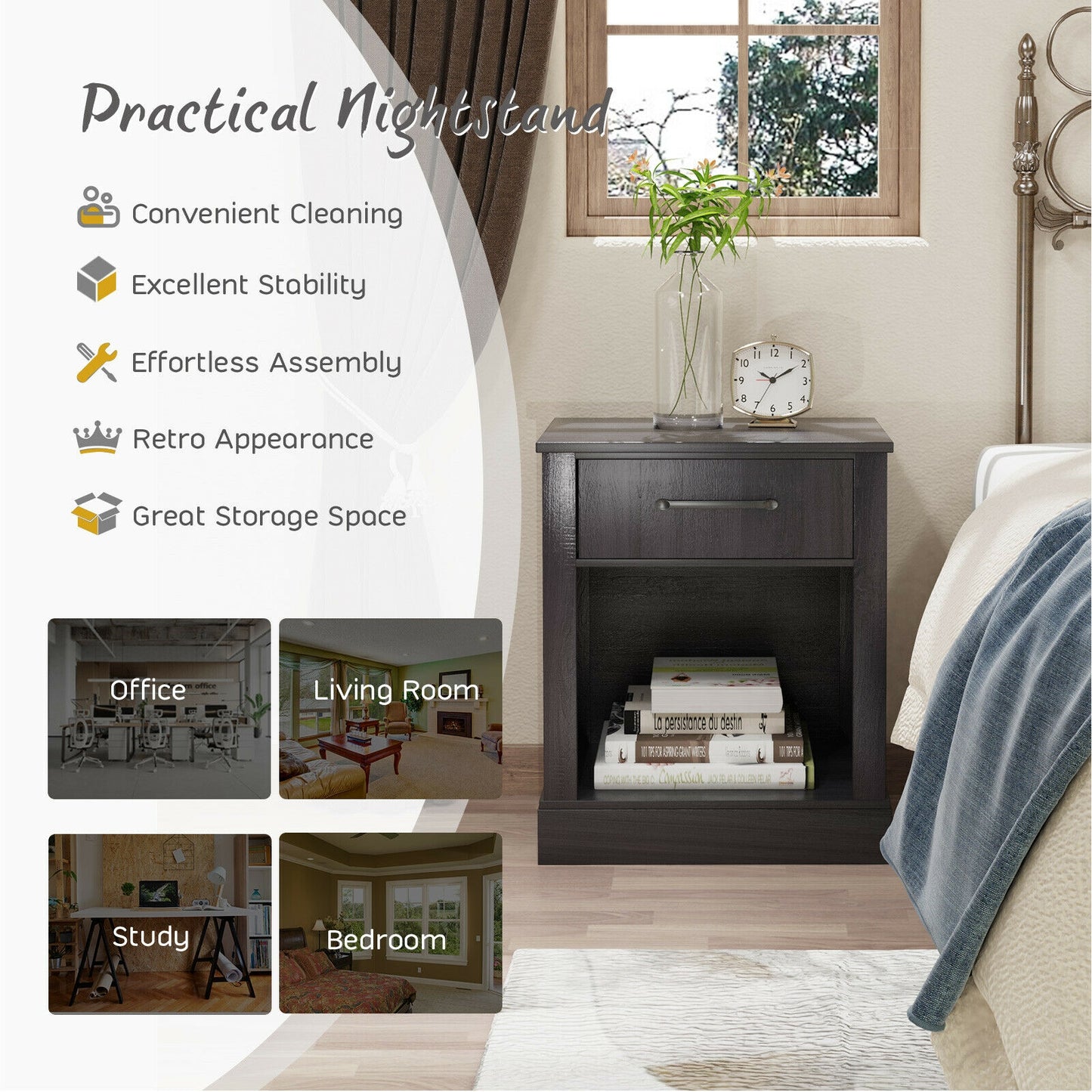 Rustic Wooden Nightstand with Drawer and Open Shelf for Bedroom or Living Room - Black
