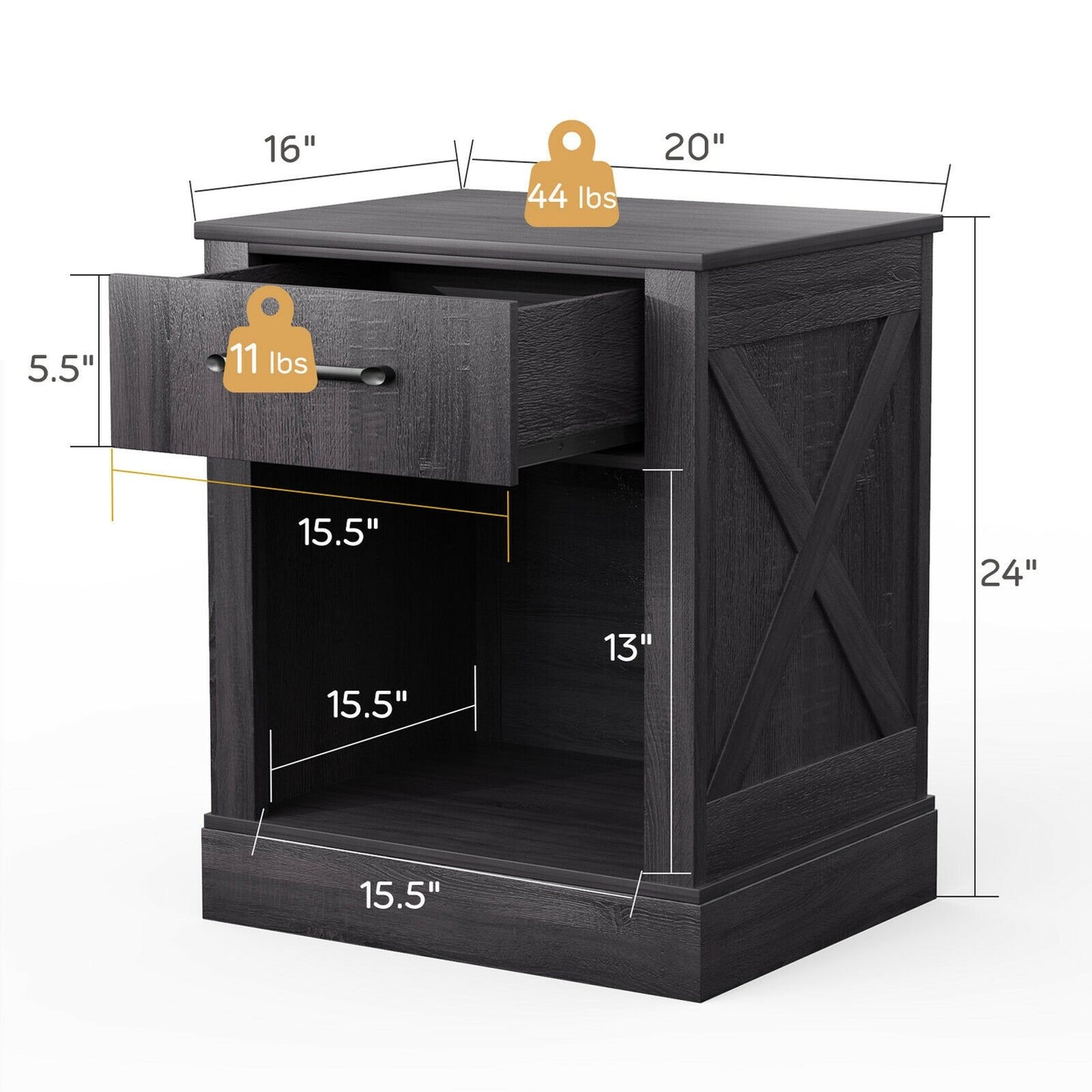 Rustic Wooden Nightstand with Drawer and Open Shelf for Bedroom or Living Room - Black