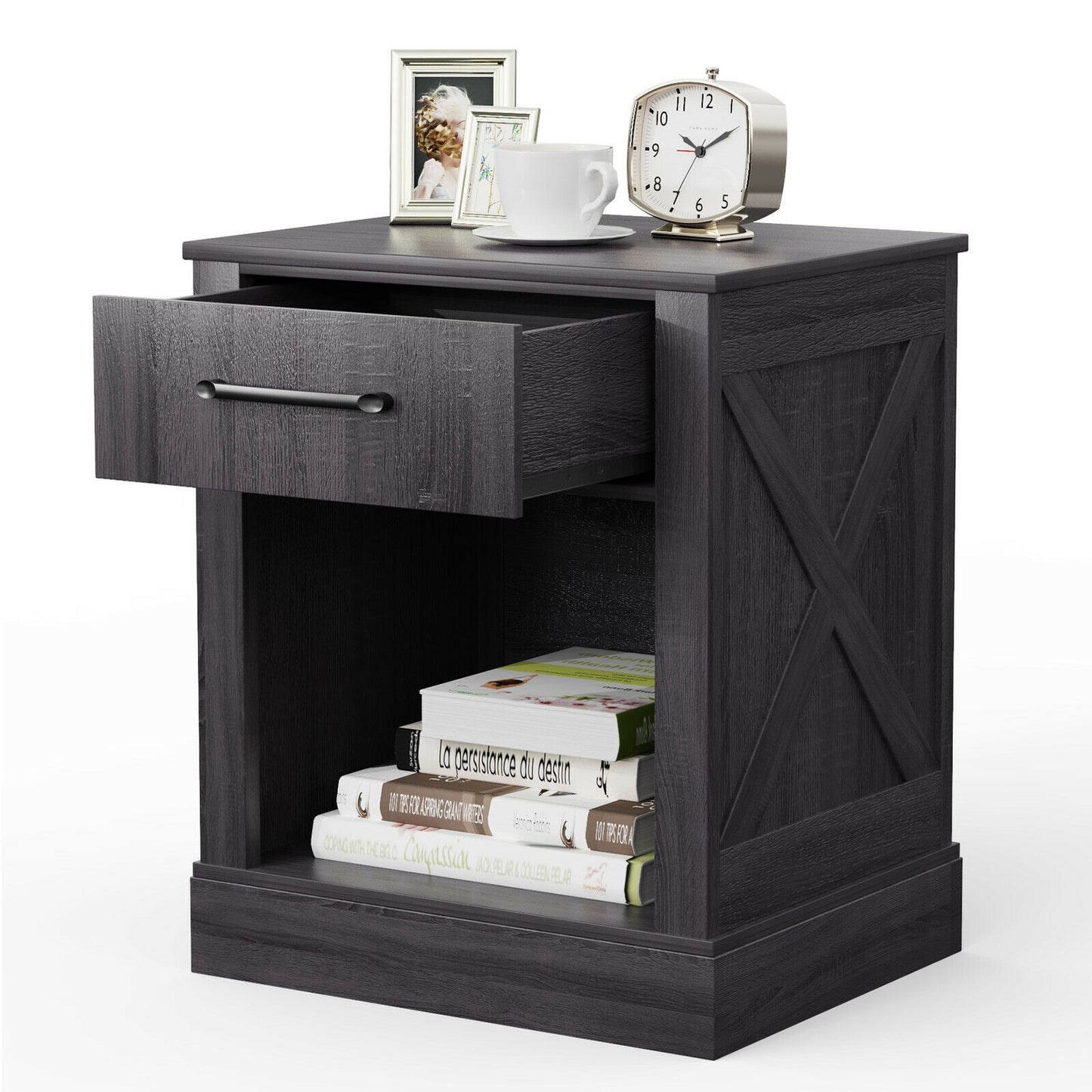 Rustic Wooden Nightstand with Drawer and Open Shelf for Bedroom or Living Room - Black