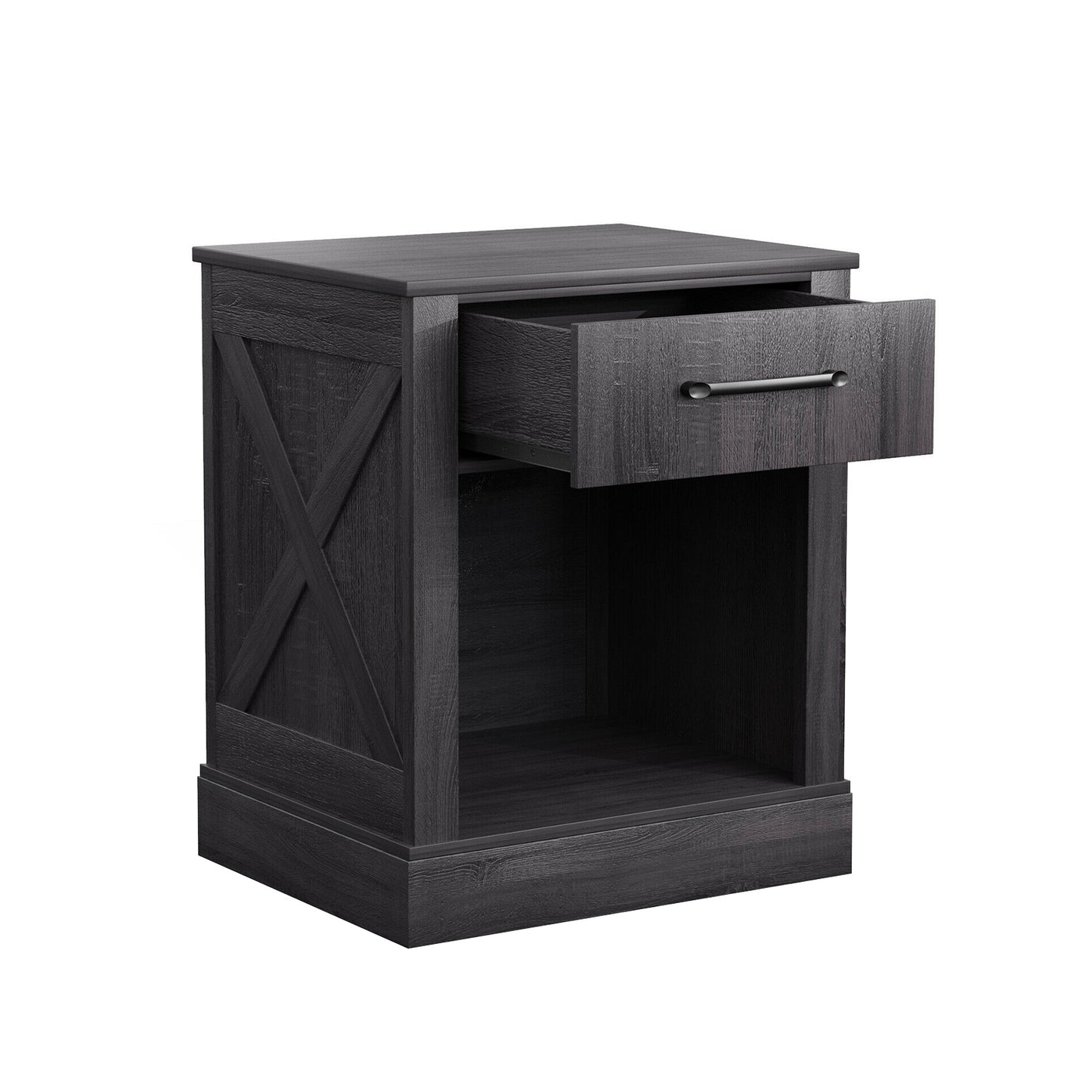 Rustic Wooden Nightstand with Drawer and Open Shelf for Bedroom or Living Room - Black