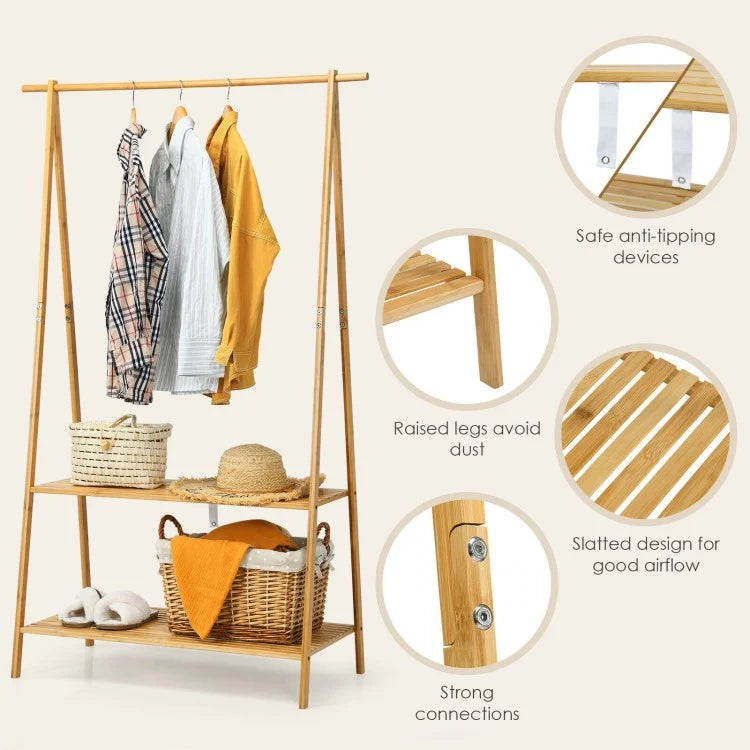 Bamboo Clothes Rack with Hanging Rod and 2-Tier Storage Shelves for Entryway or Bedroom