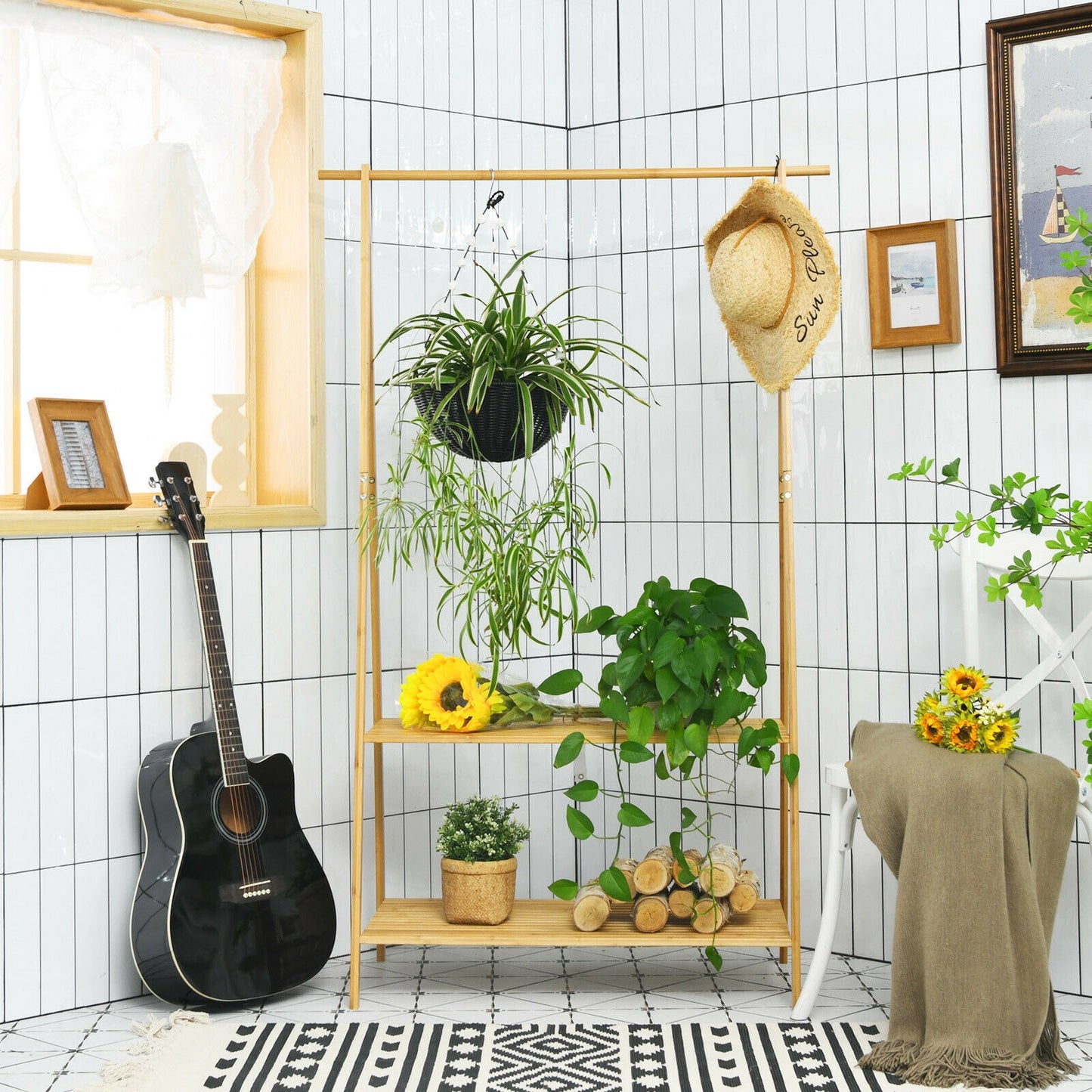 Bamboo Clothes Rack with Hanging Rod and 2-Tier Storage Shelves for Entryway or Bedroom