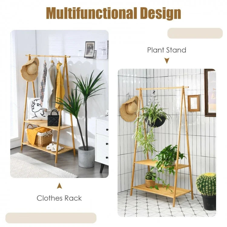 Bamboo Clothes Rack with Hanging Rod and 2-Tier Storage Shelves for Entryway or Bedroom