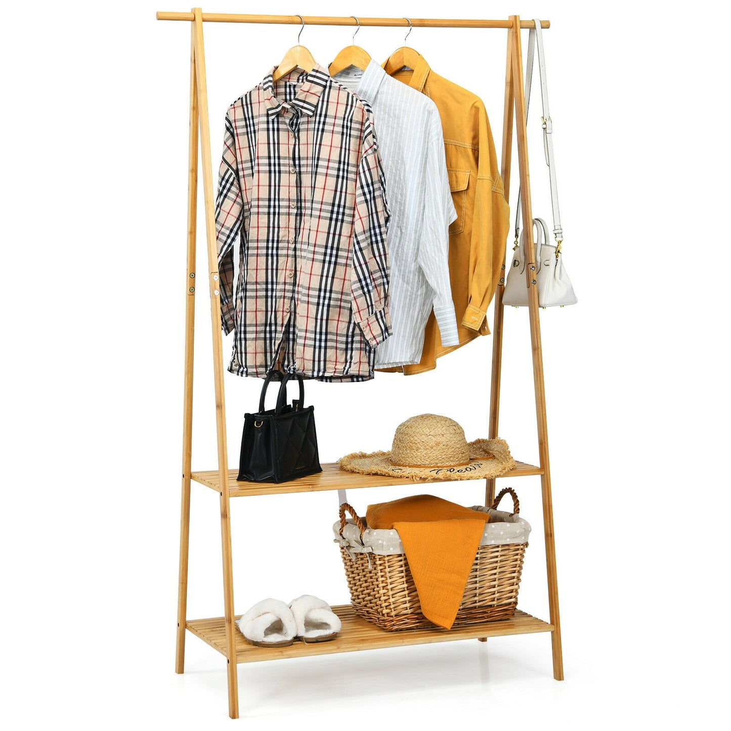 Bamboo Clothes Rack with Hanging Rod and 2-Tier Storage Shelves for Entryway or Bedroom