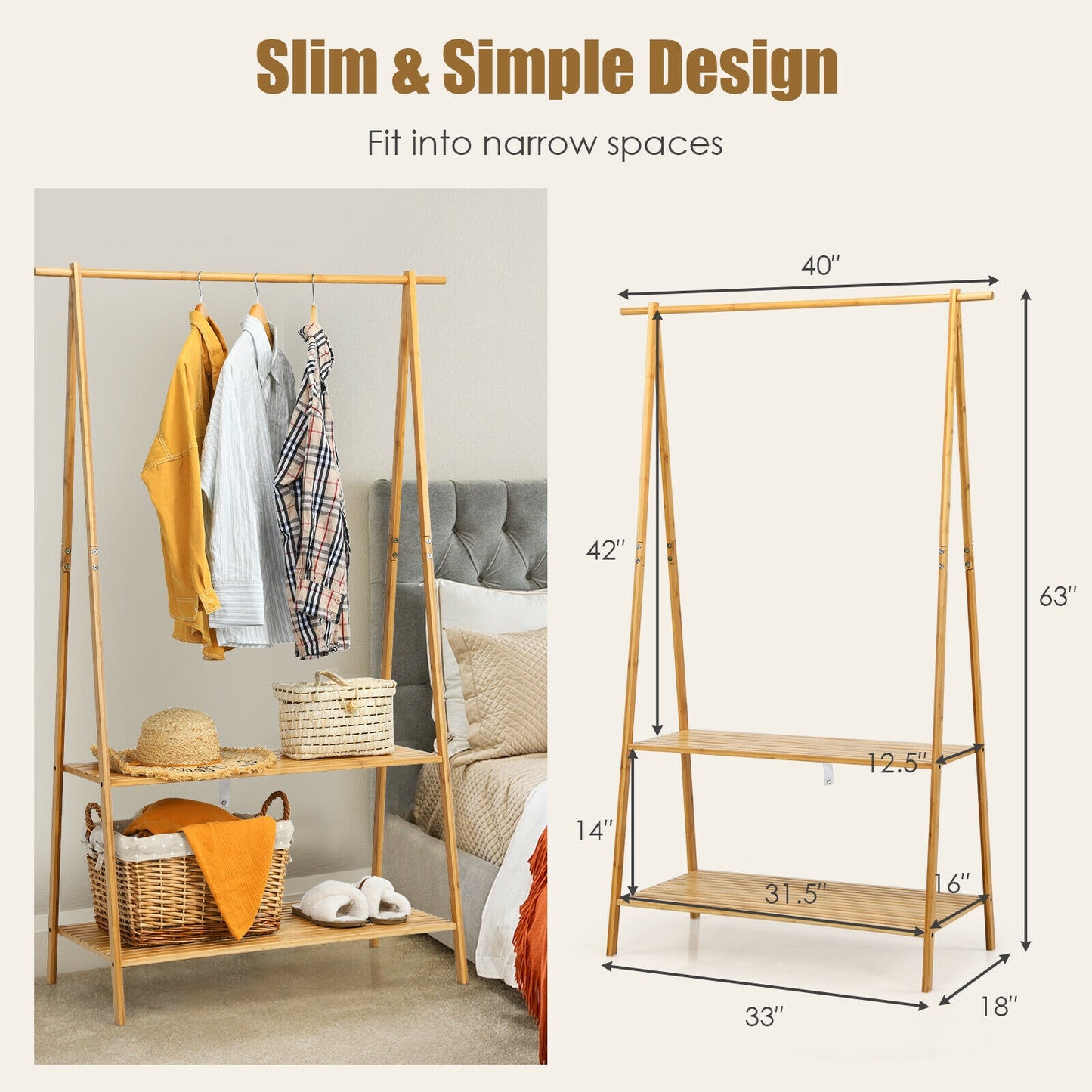 Bamboo Clothes Rack with Hanging Rod and 2-Tier Storage Shelves for Entryway or Bedroom