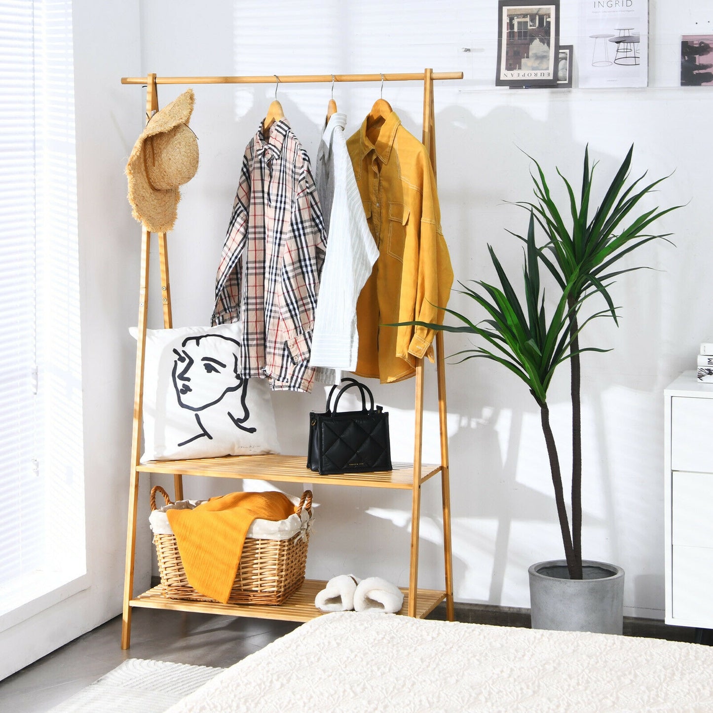 Bamboo Clothes Rack with Hanging Rod and 2-Tier Storage Shelves for Entryway or Bedroom