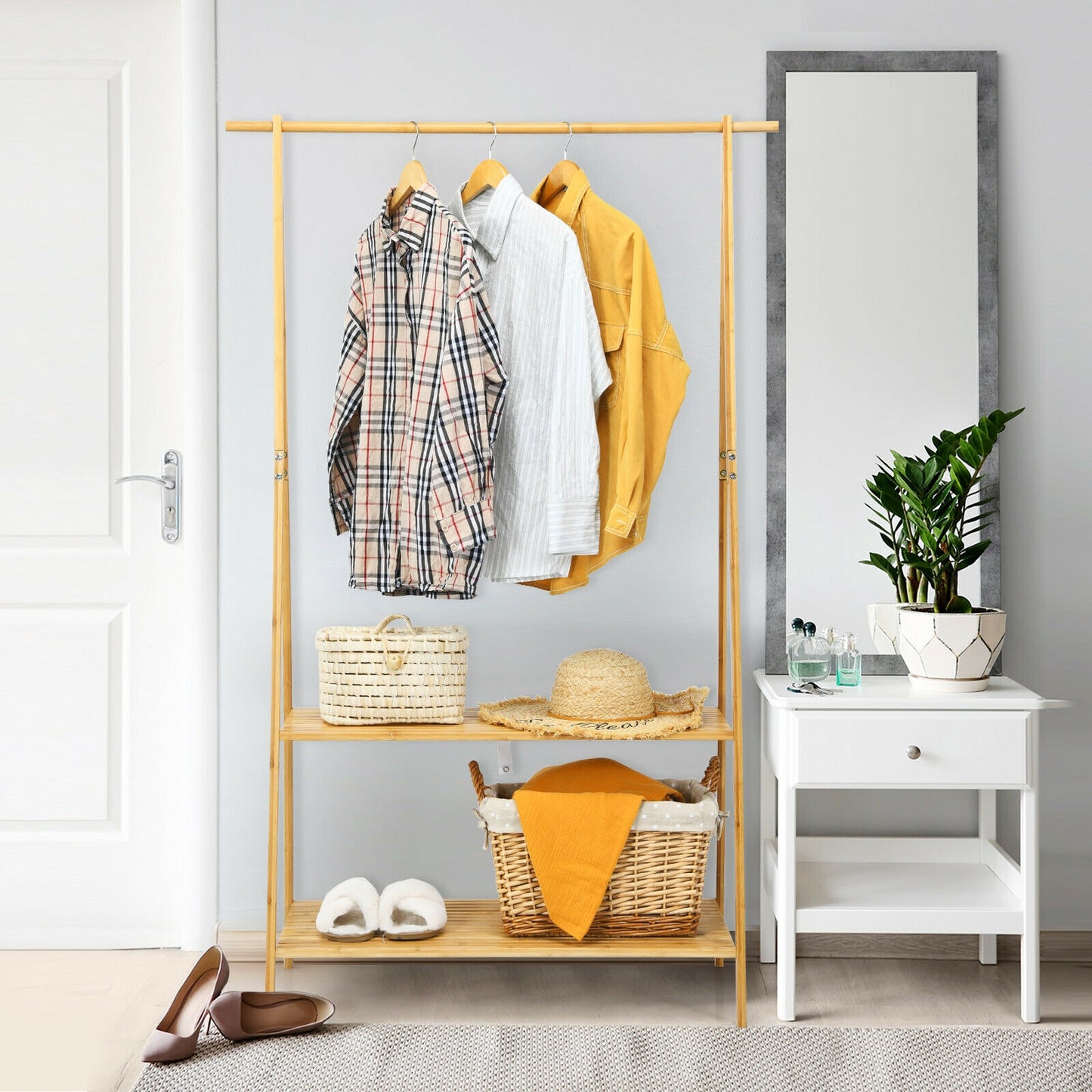 Bamboo Clothes Rack with Hanging Rod and 2-Tier Storage Shelves for Entryway or Bedroom