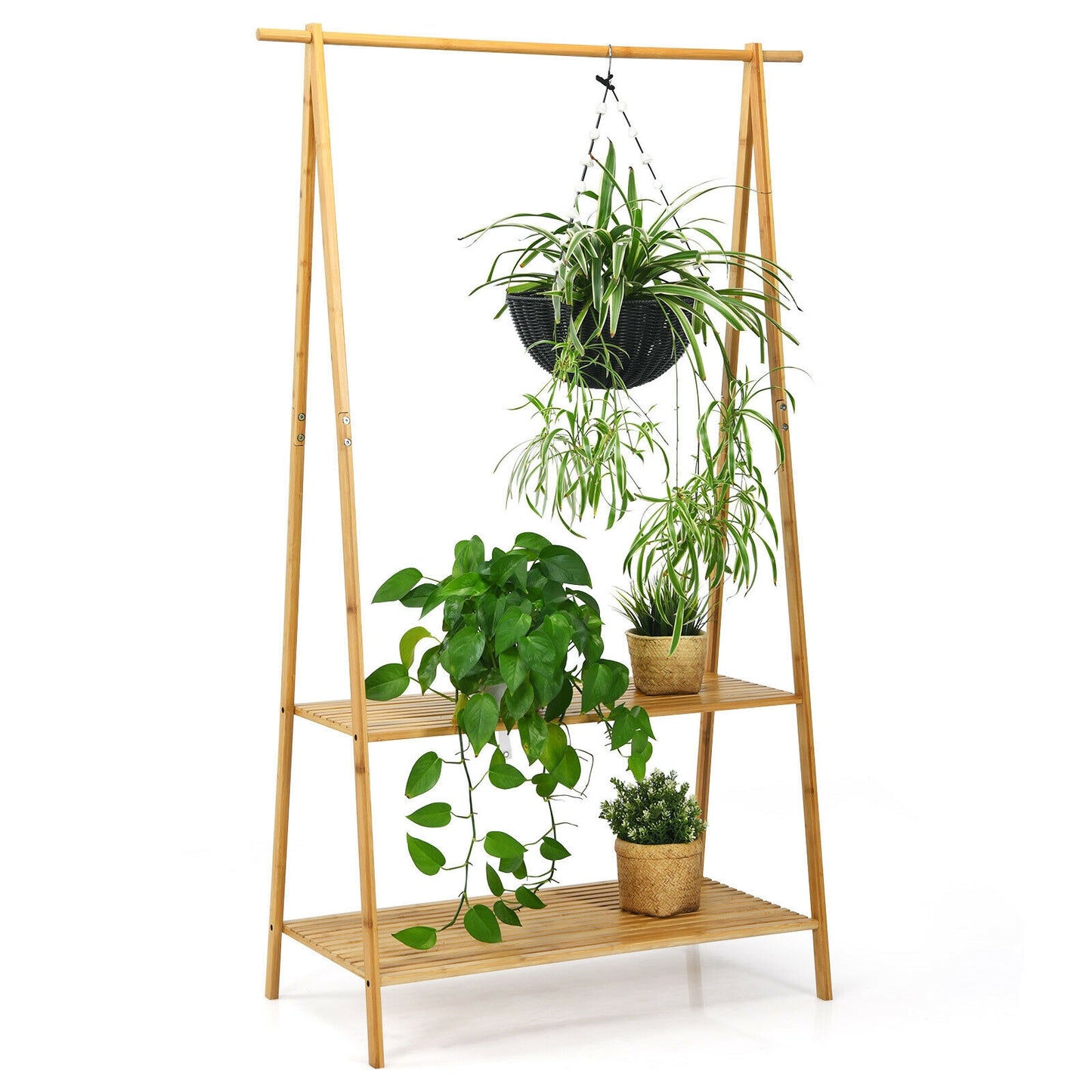 Bamboo Clothes Rack with Hanging Rod and 2-Tier Storage Shelves for Entryway or Bedroom