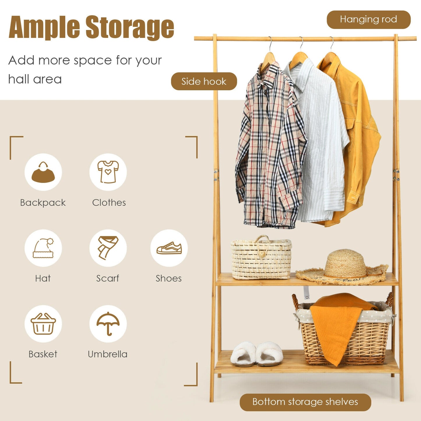 Bamboo Clothes Rack with Hanging Rod and 2-Tier Storage Shelves for Entryway or Bedroom