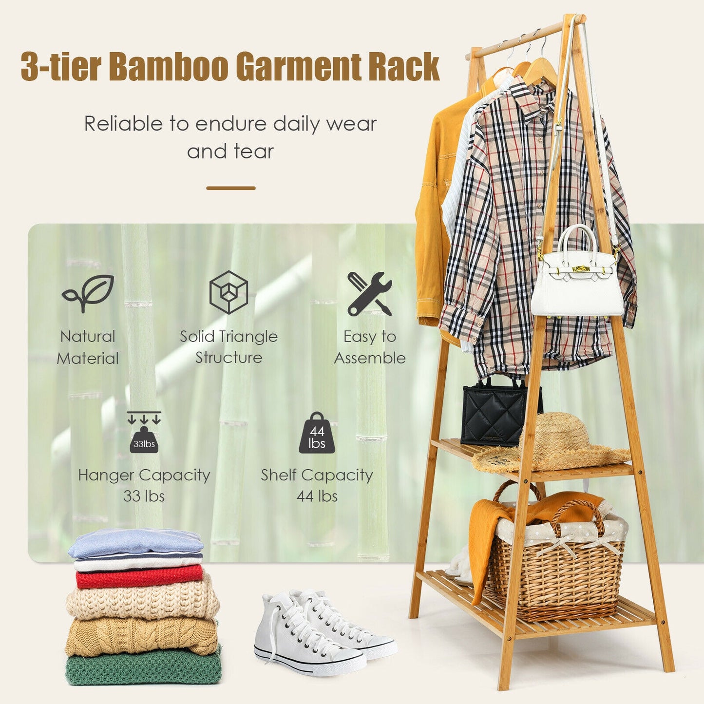 Bamboo Clothes Rack with Hanging Rod and 2-Tier Storage Shelves for Entryway or Bedroom