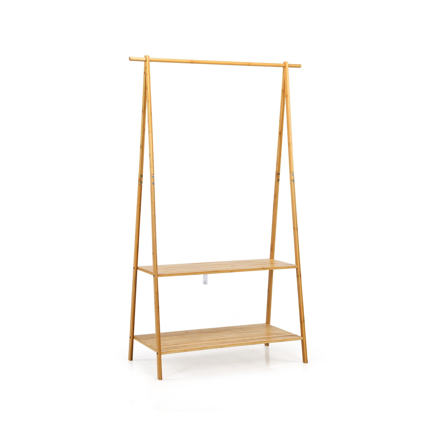 Bamboo Clothes Rack with Hanging Rod and 2-Tier Storage Shelves for Entryway or Bedroom