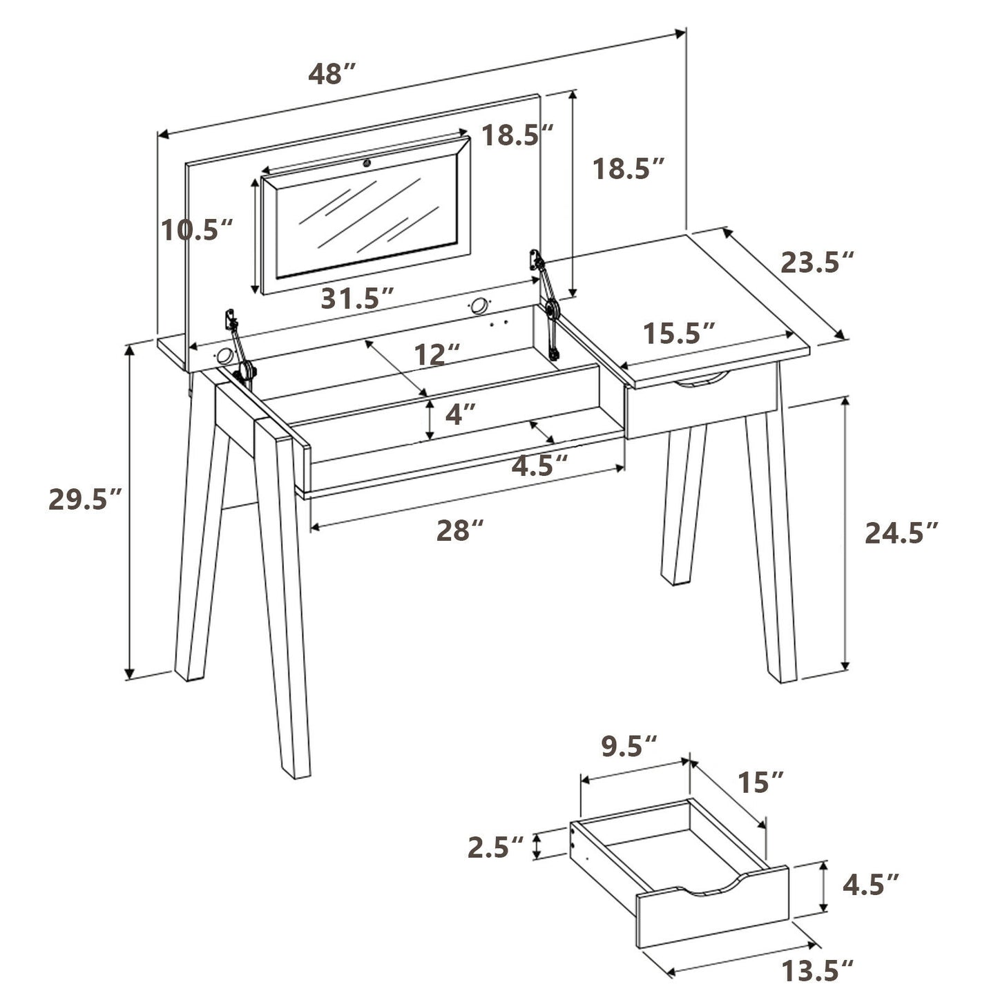 Flip-Top Vanity Table with Mirror, Drawer, and Concealed Storage Spaces