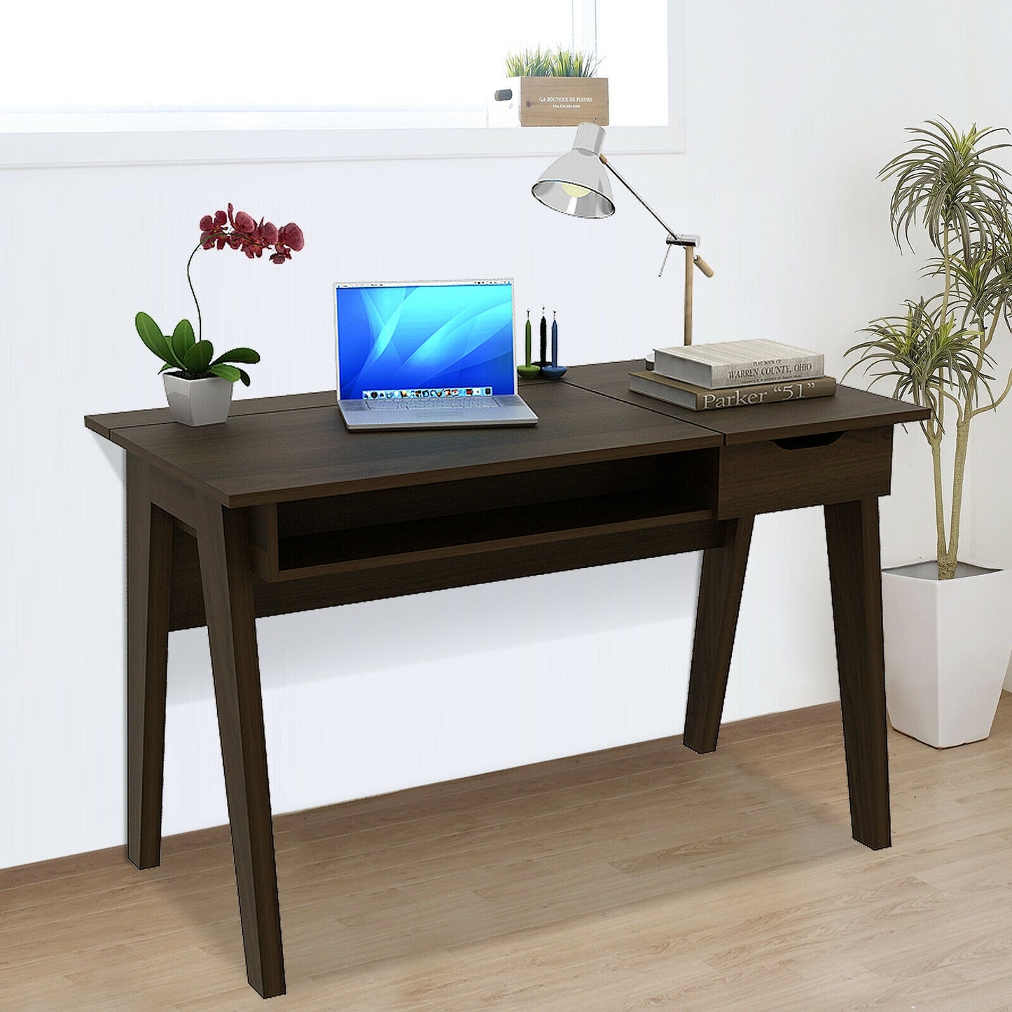 Flip-Top Vanity Table with Mirror, Drawer, and Concealed Storage Spaces