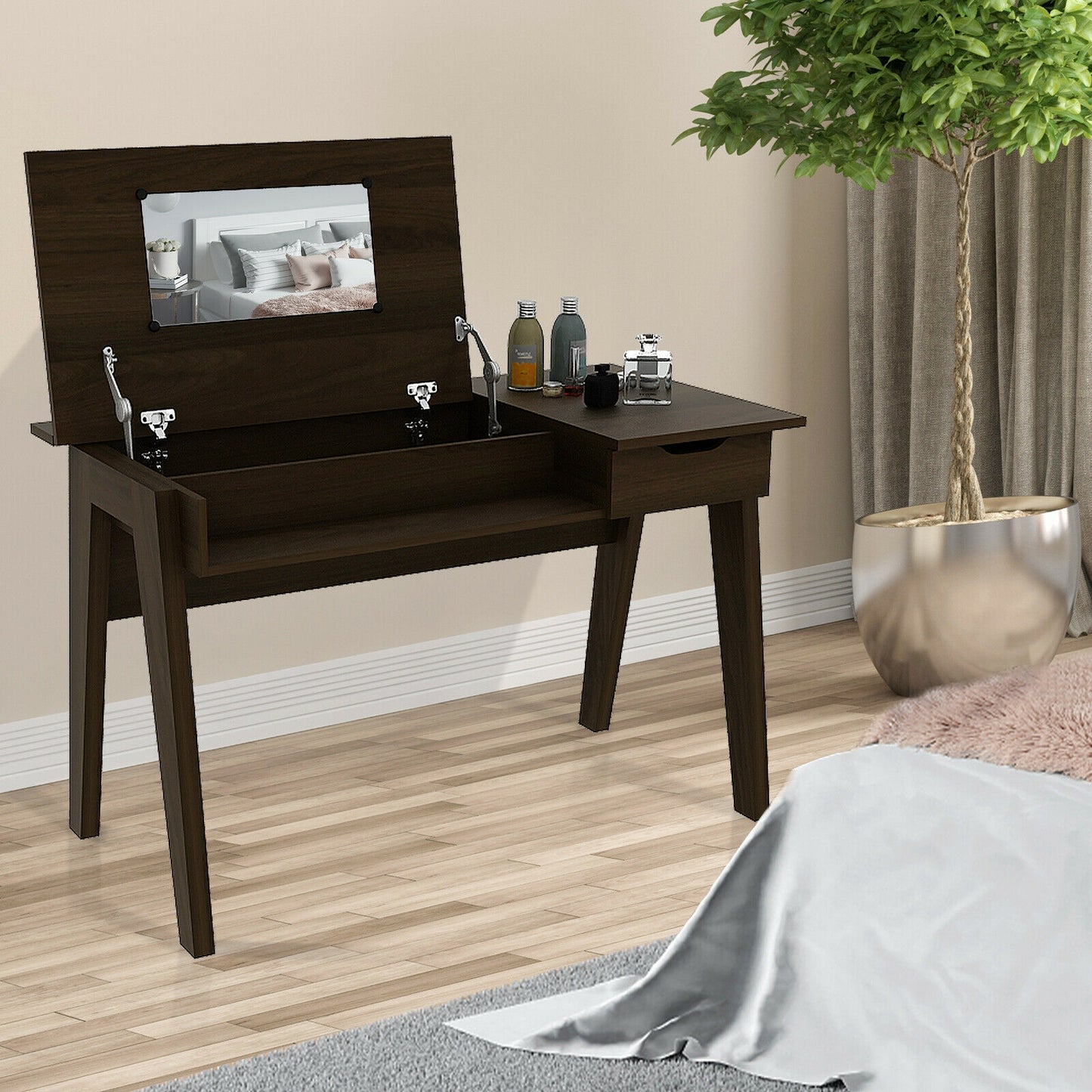 Flip-Top Vanity Table with Mirror, Drawer, and Concealed Storage Spaces