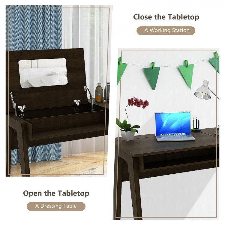 Flip-Top Vanity Table with Mirror, Drawer, and Concealed Storage Spaces