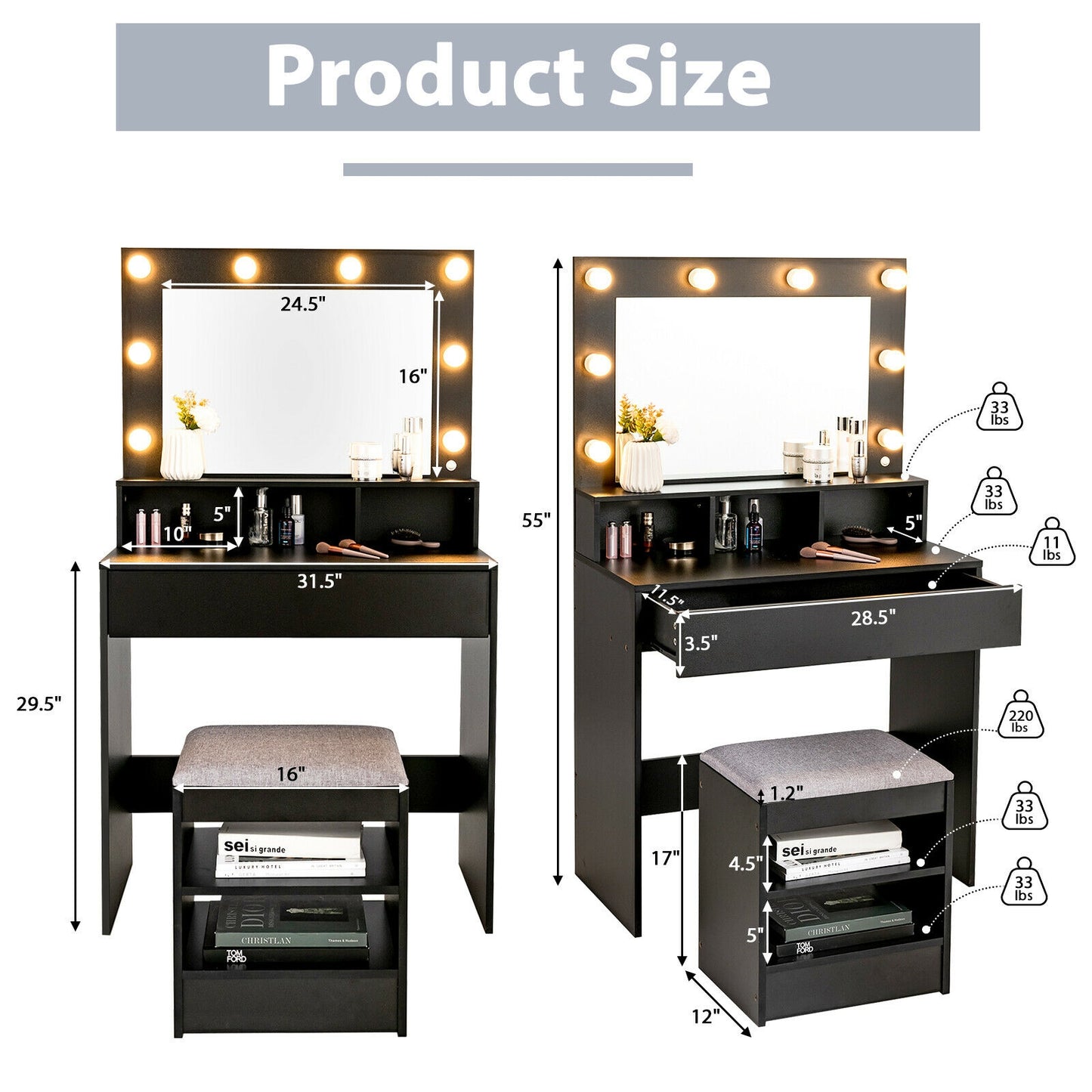 Lighted Vanity Table Set with 24" LED Mirror, Storage Drawer, and Cushioned Stool