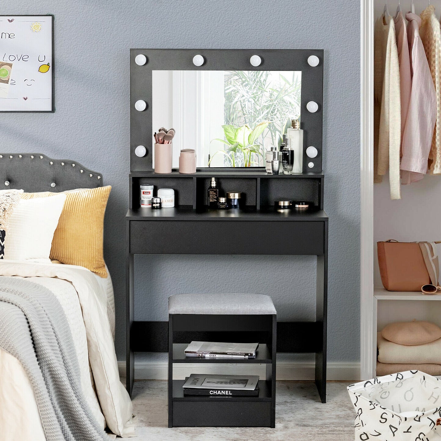 Lighted Vanity Table Set with 24" LED Mirror, Storage Drawer, and Cushioned Stool