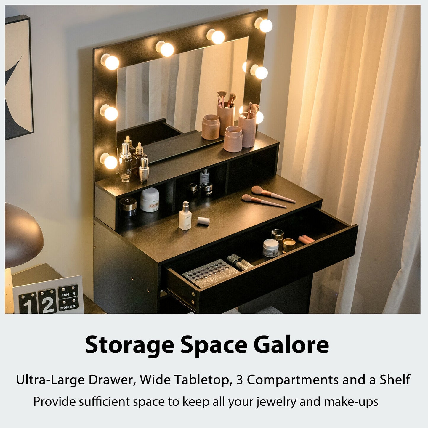 Lighted Vanity Table Set with 24" LED Mirror, Storage Drawer, and Cushioned Stool