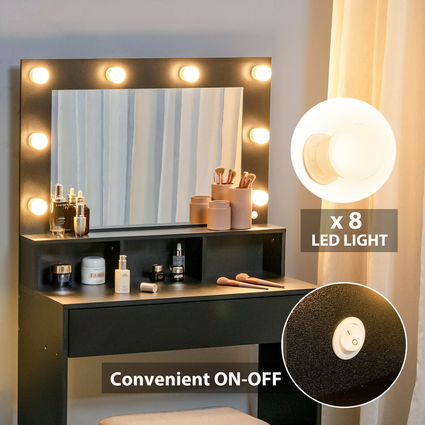 Lighted Vanity Table Set with 24" LED Mirror, Storage Drawer, and Cushioned Stool