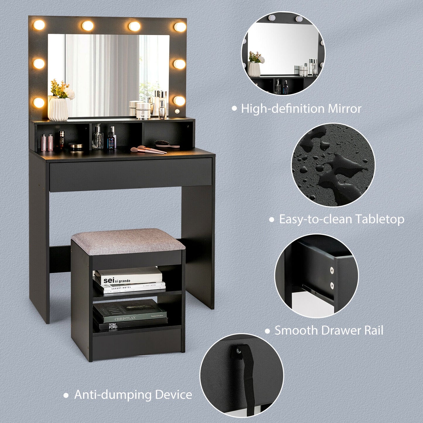 Lighted Vanity Table Set with 24" LED Mirror, Storage Drawer, and Cushioned Stool