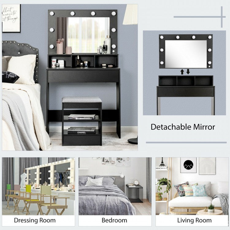 Lighted Vanity Table Set with 24" LED Mirror, Storage Drawer, and Cushioned Stool