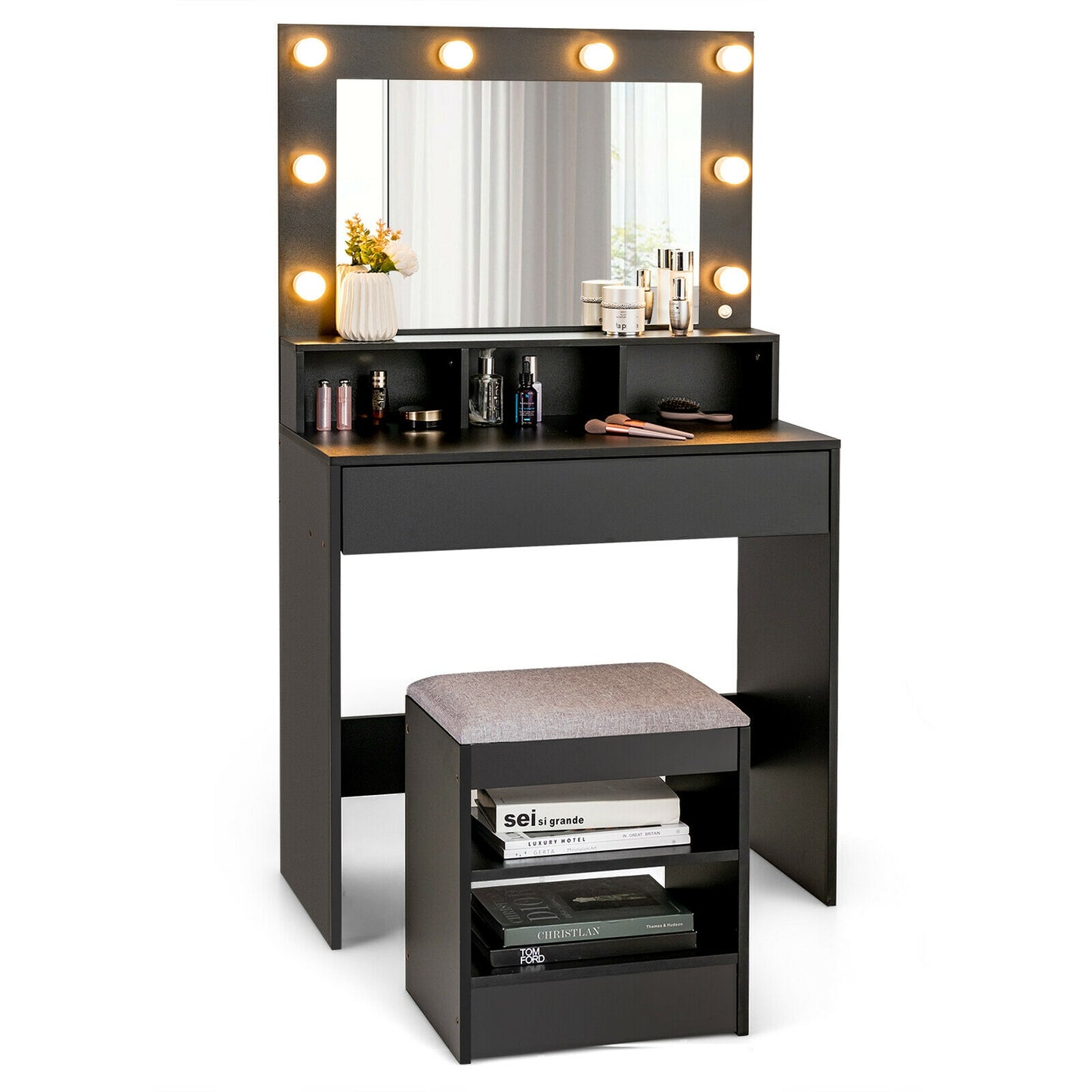 Lighted Vanity Table Set with 24" LED Mirror, Storage Drawer, and Cushioned Stool
