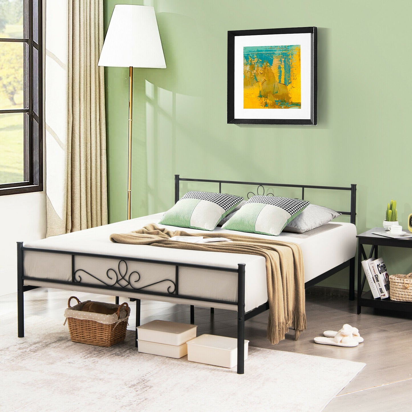 Sturdy Metal Bed Frame with Headboard and Footboard - Queen Size