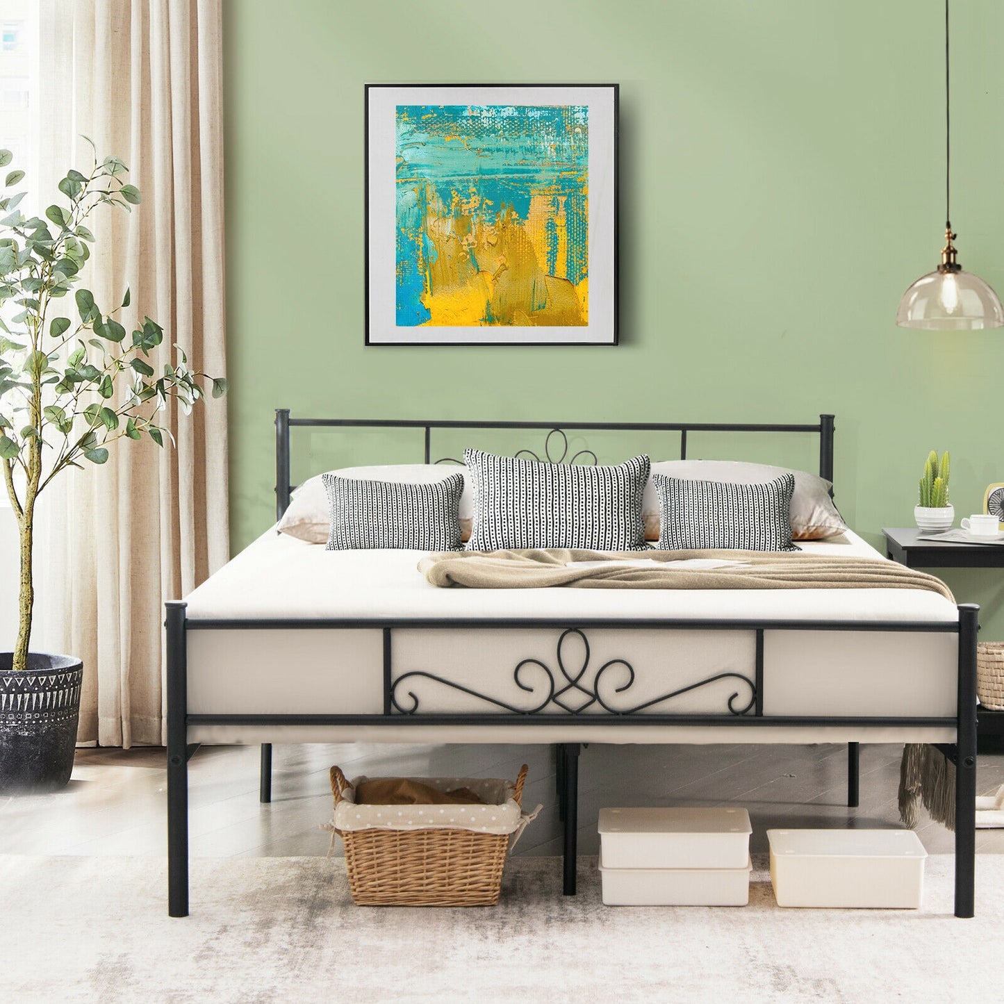 Sturdy Metal Bed Frame with Headboard and Footboard - Queen Size