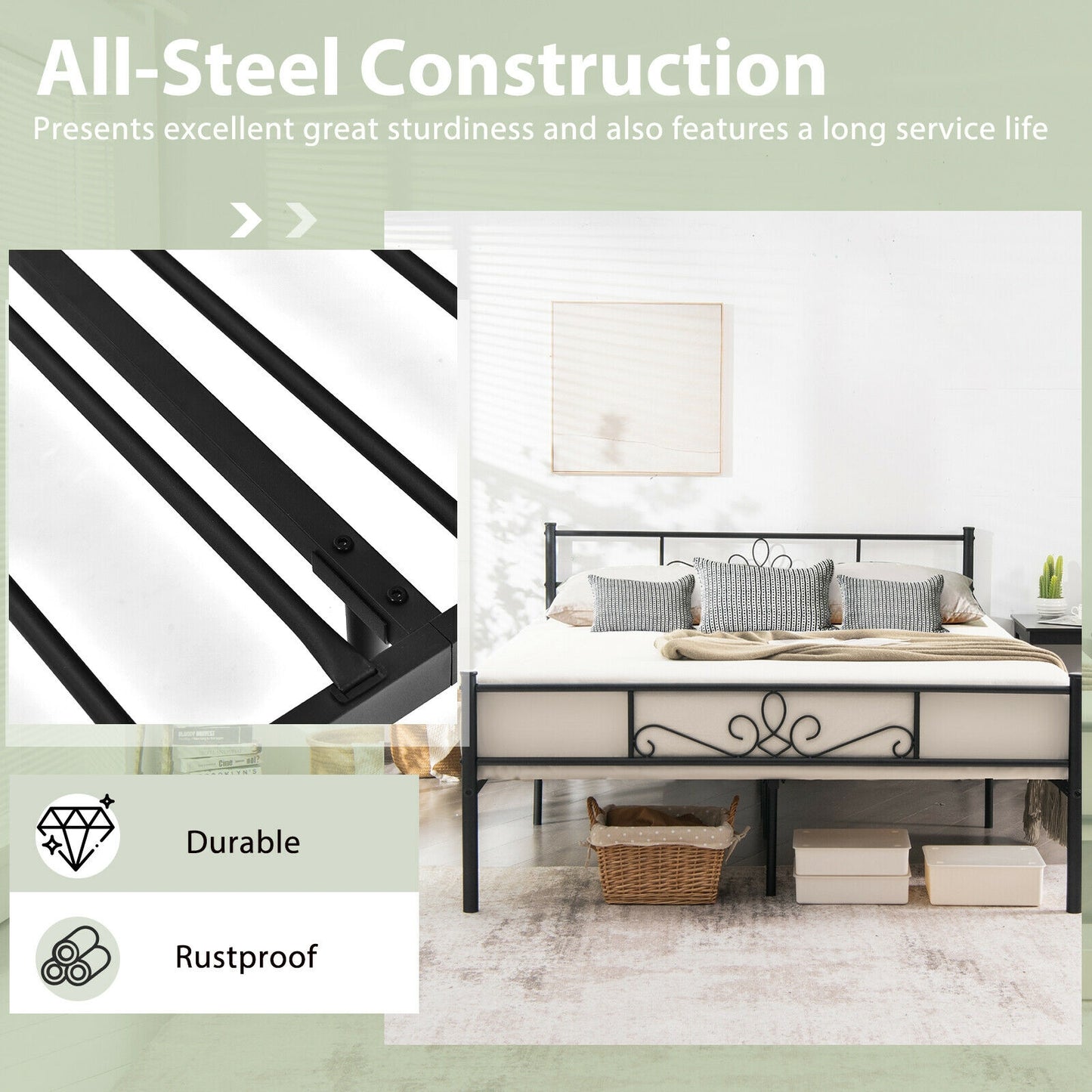 Sturdy Metal Bed Frame with Headboard and Footboard - Queen Size