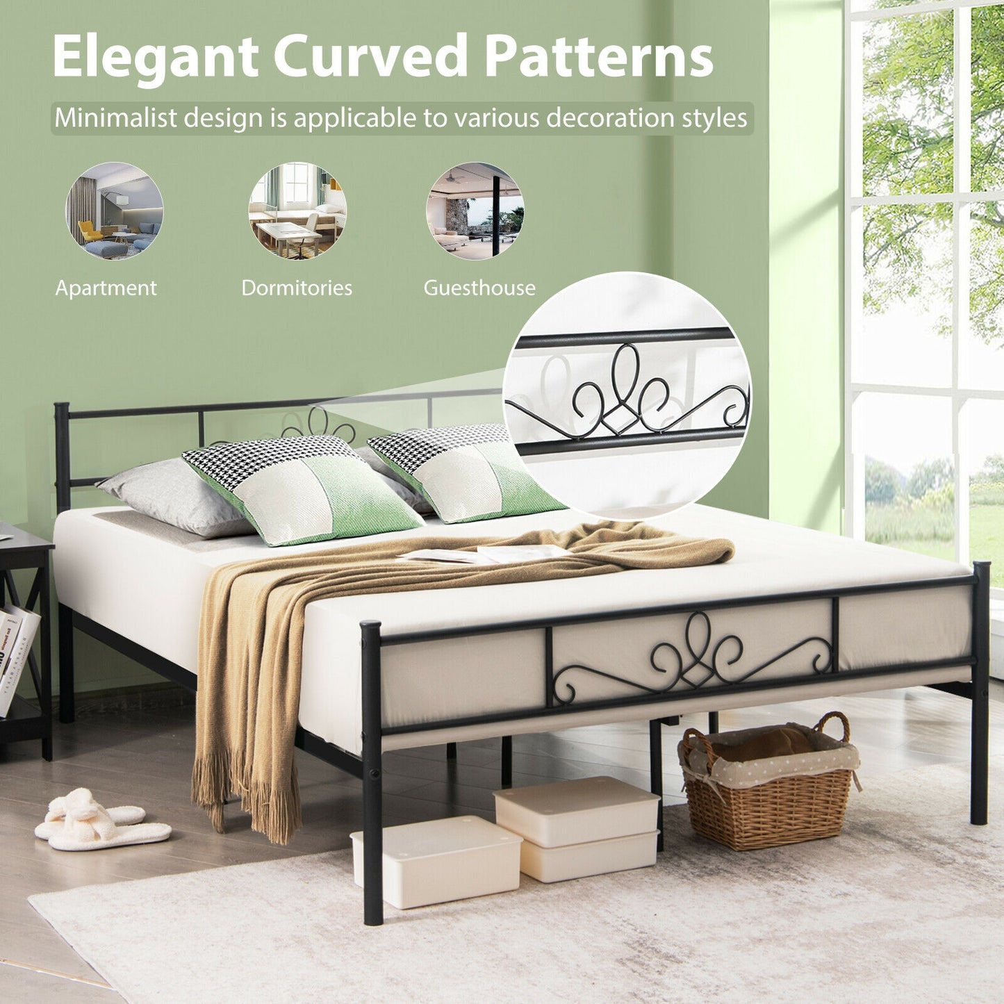 Sturdy Metal Bed Frame with Headboard and Footboard - Queen Size